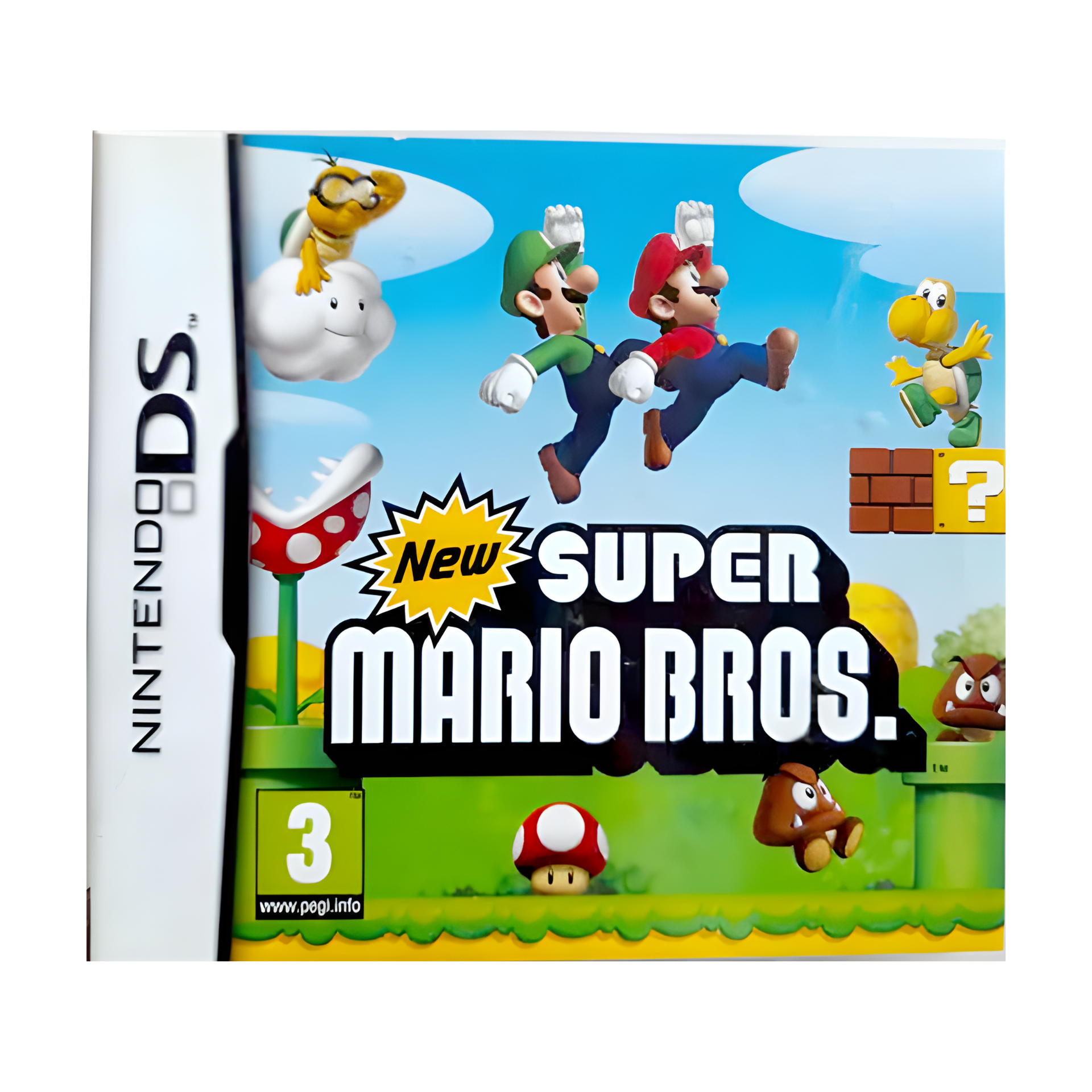New Super Mario Bros Nintendo DS game cover showing Mario jumping through colorful Mushroom Kingdom worlds with enemies, coins, and power-ups.