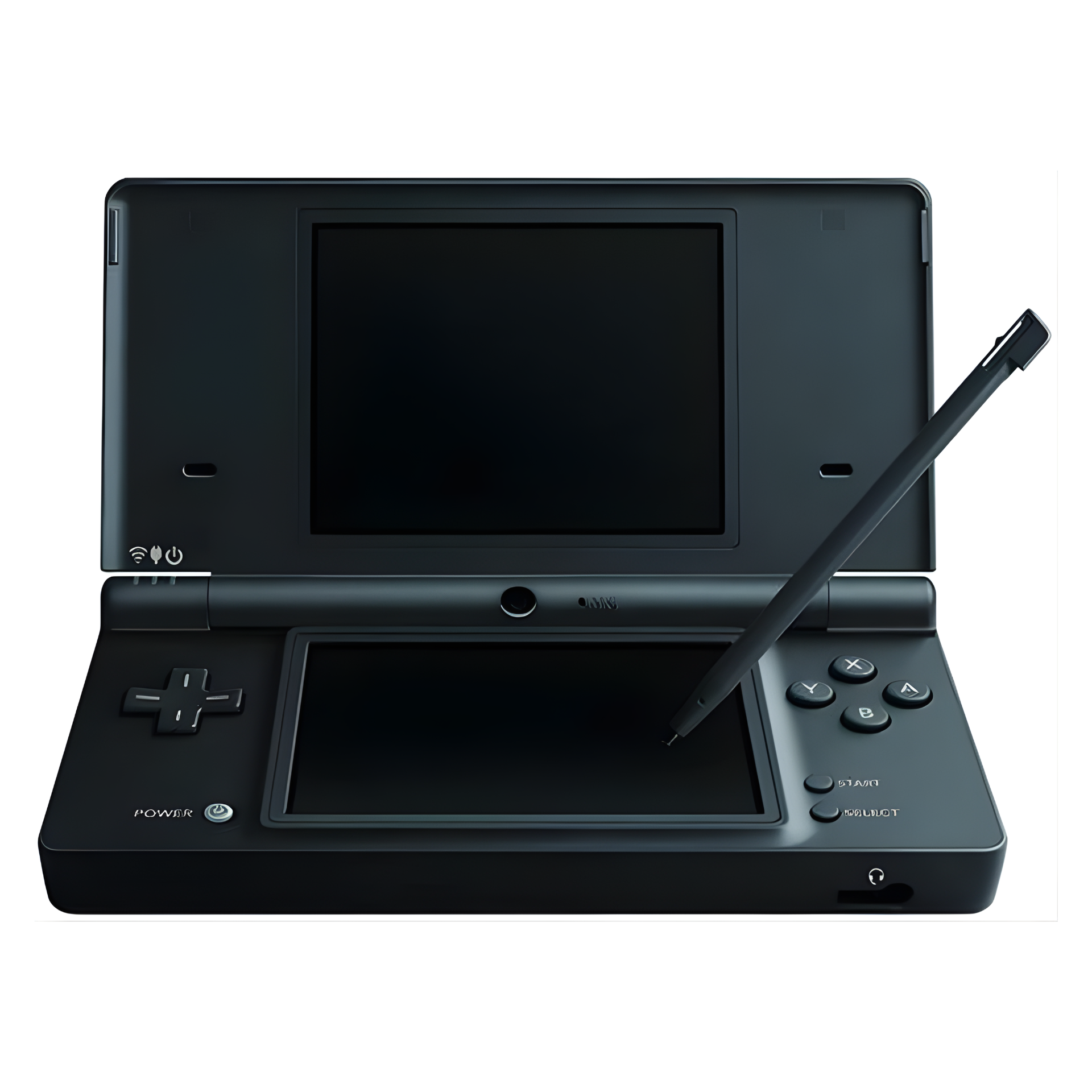 Nintendo DSi Black handheld console open on a white background, showing dual screens and front camera, sleek matte black design with stylus beside it.