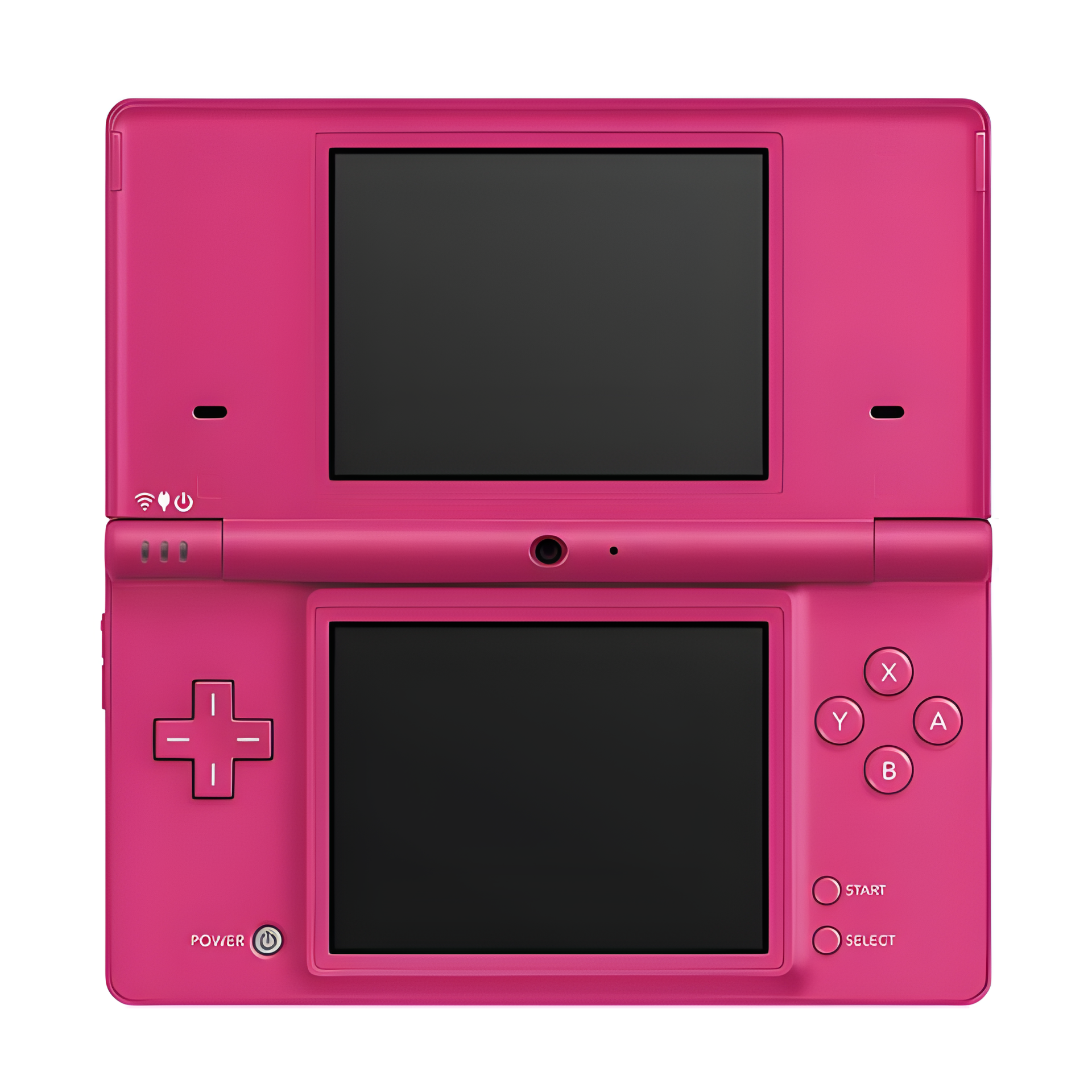 Nintendo DSi Pink handheld console open, showing dual screens and camera, placed on a clean white surface with bright lighting.