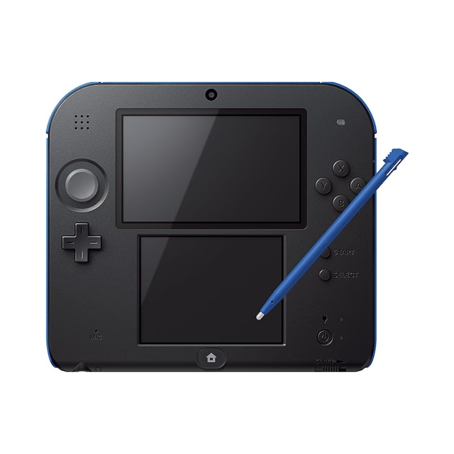 Nintendo 2DS handheld console in Black and Blue shown open with dual screens. Features durable design, classic Nintendo gameplay, and includes USB to 3DS charger. Simple, reliable, and portable gaming system.