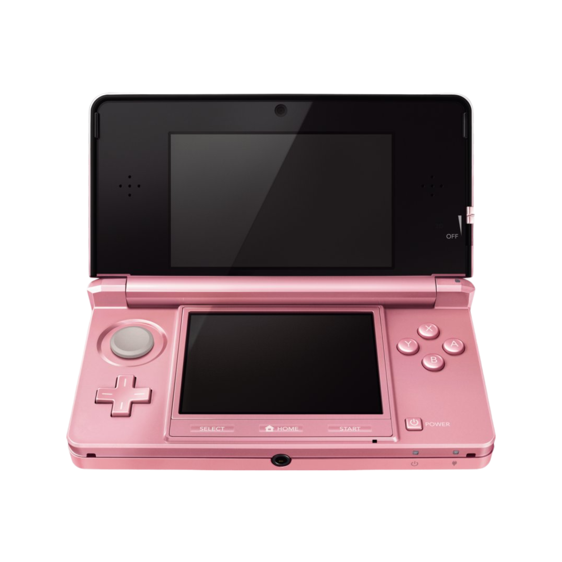 Nintendo 3DS handheld console in Hot Pink shown open with dual screens. Features glasses-free 3D display, backward compatibility with DS games, wireless connectivity, and includes USB to 3DS charger. Stylish and portable gaming system.