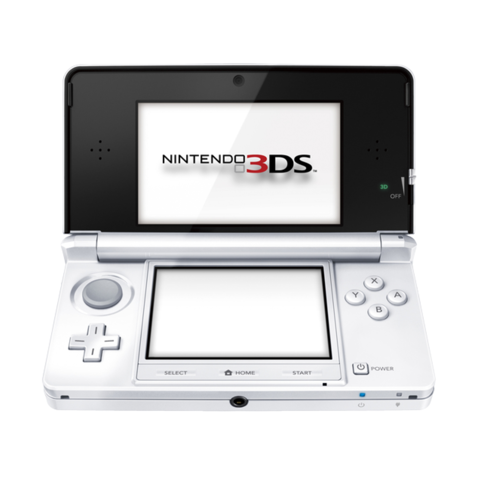 Nintendo 3DS handheld console in Ice White shown open with dual screens. Features glasses-free 3D display, ergonomic design, backward compatibility with DS games, and includes USB to 3DS charger. Sleek and portable gaming system.