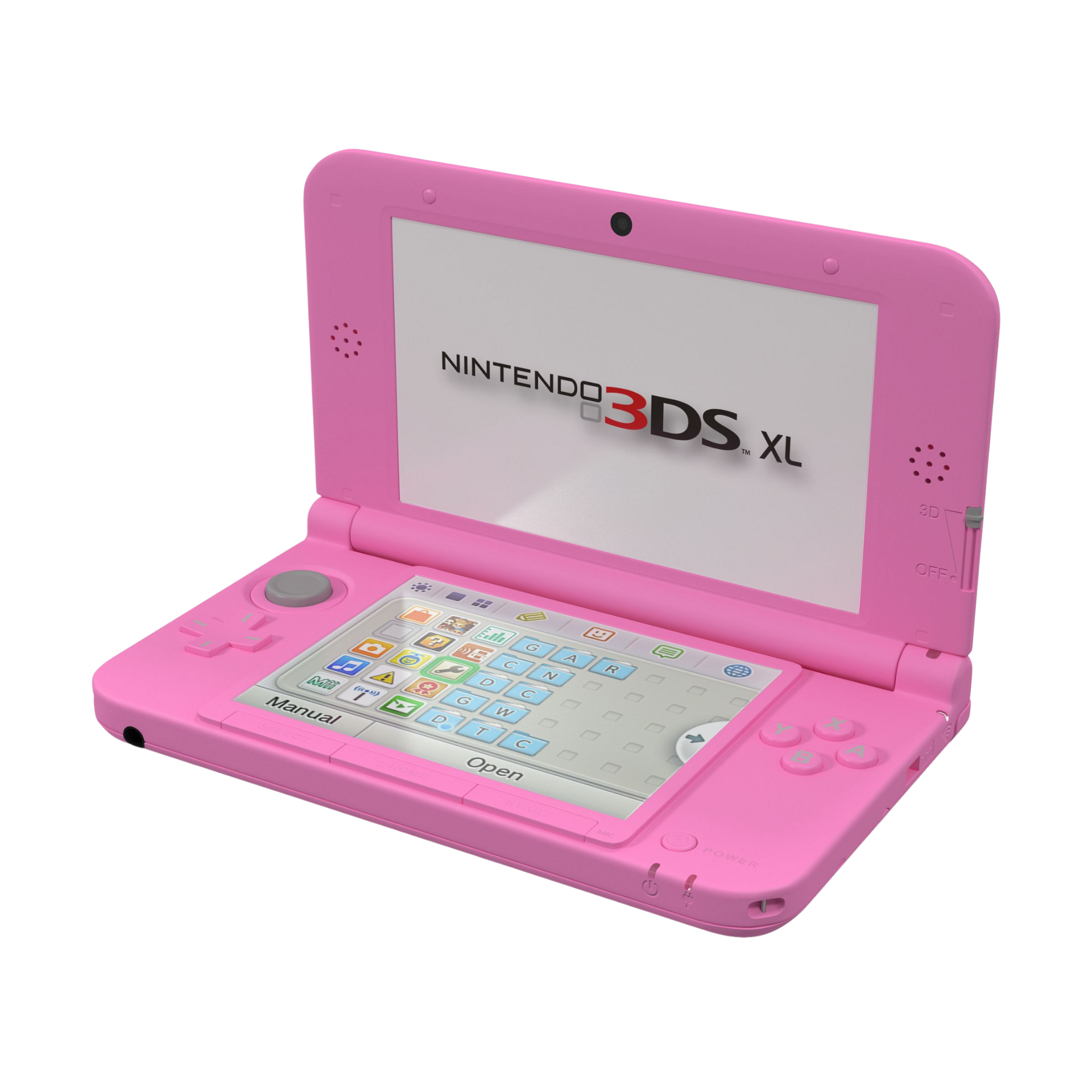 Nintendo 3DS XL handheld console in Hot Pink shown open with dual screens. Features glasses-free 3D display, large screen, ergonomic design, and includes USB to 3DS charger. Stylish and portable for vibrant gaming.