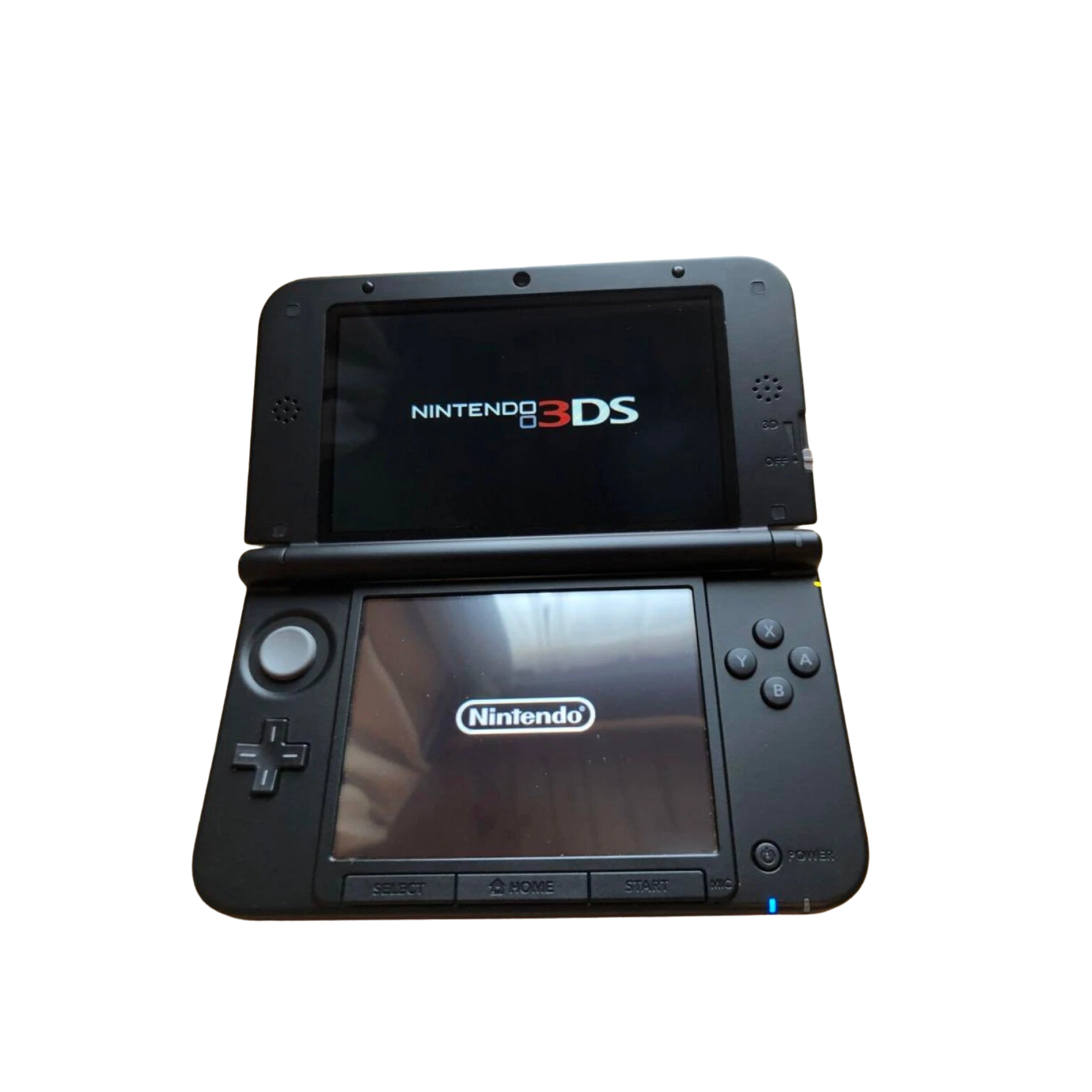 Nintendo 3DS XL handheld console in Stealth Black shown open with dual screens. Features glasses-free 3D display, smooth performance, ergonomic design, and includes USB to 3DS charger. Sleek and powerful portable gaming system.