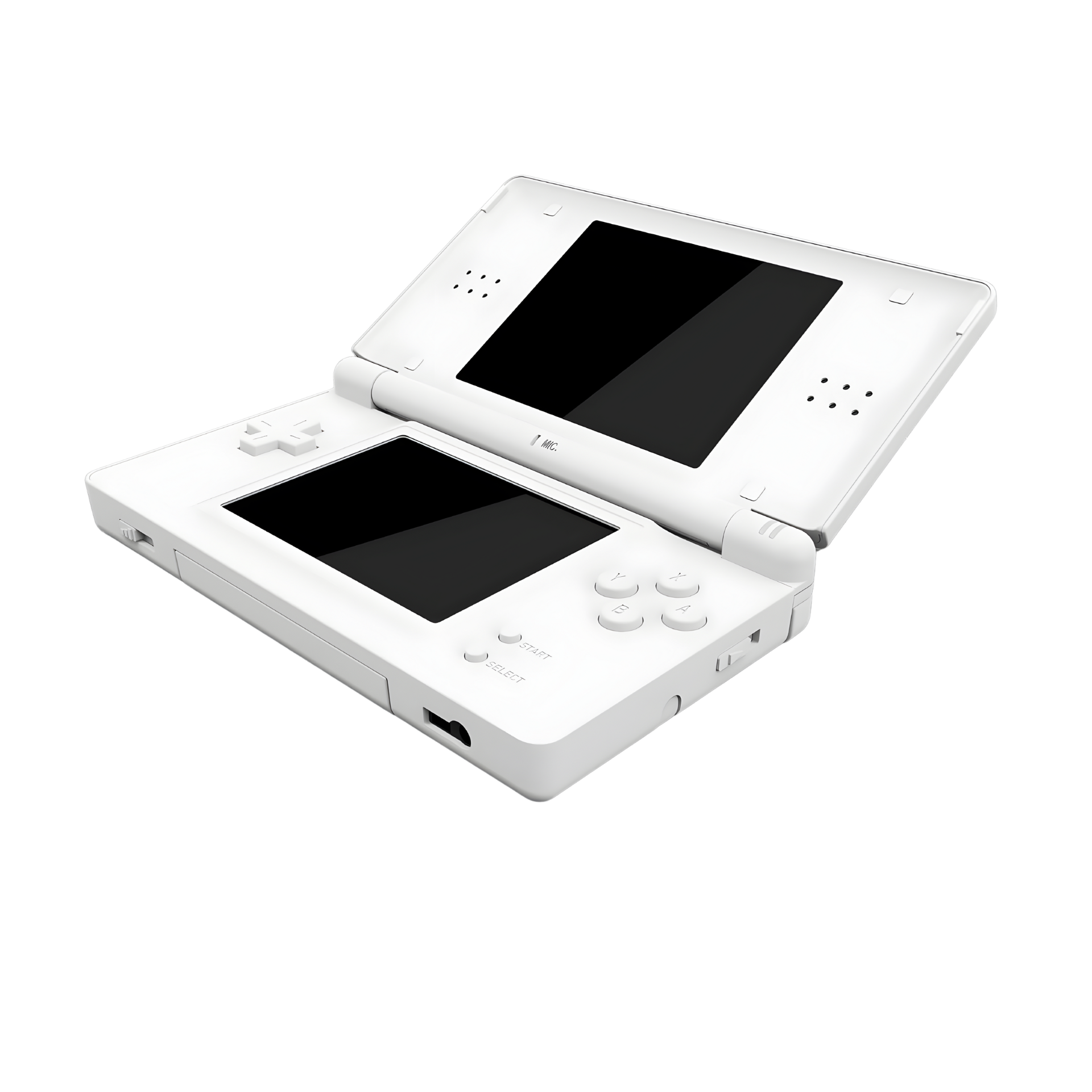 Nintendo DS Lite White handheld console open with dual screens and stylus visible, placed on a clean white background with soft lighting.