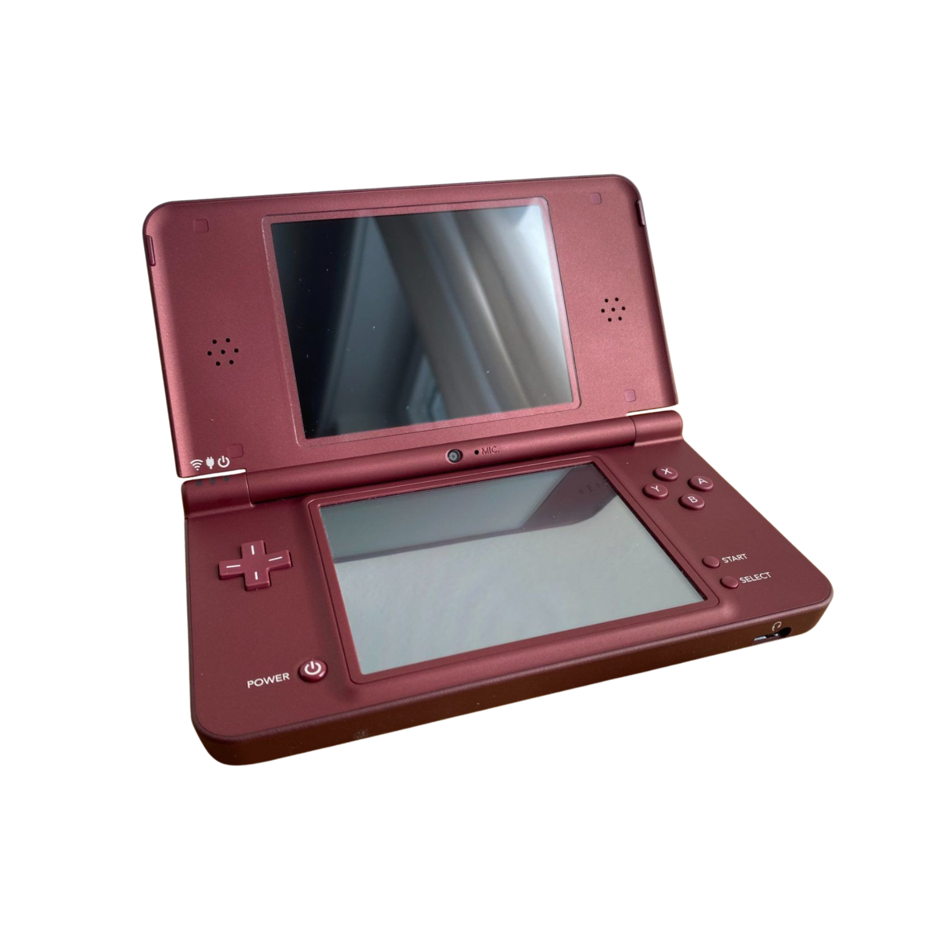 "Nintendo DSi XL handheld console in Wine Red shown open with dual screens. Features larger display, built-in cameras, enhanced audio, and includes USB to 3DS charger. Stylish and durable design for comfortable portable gaming.