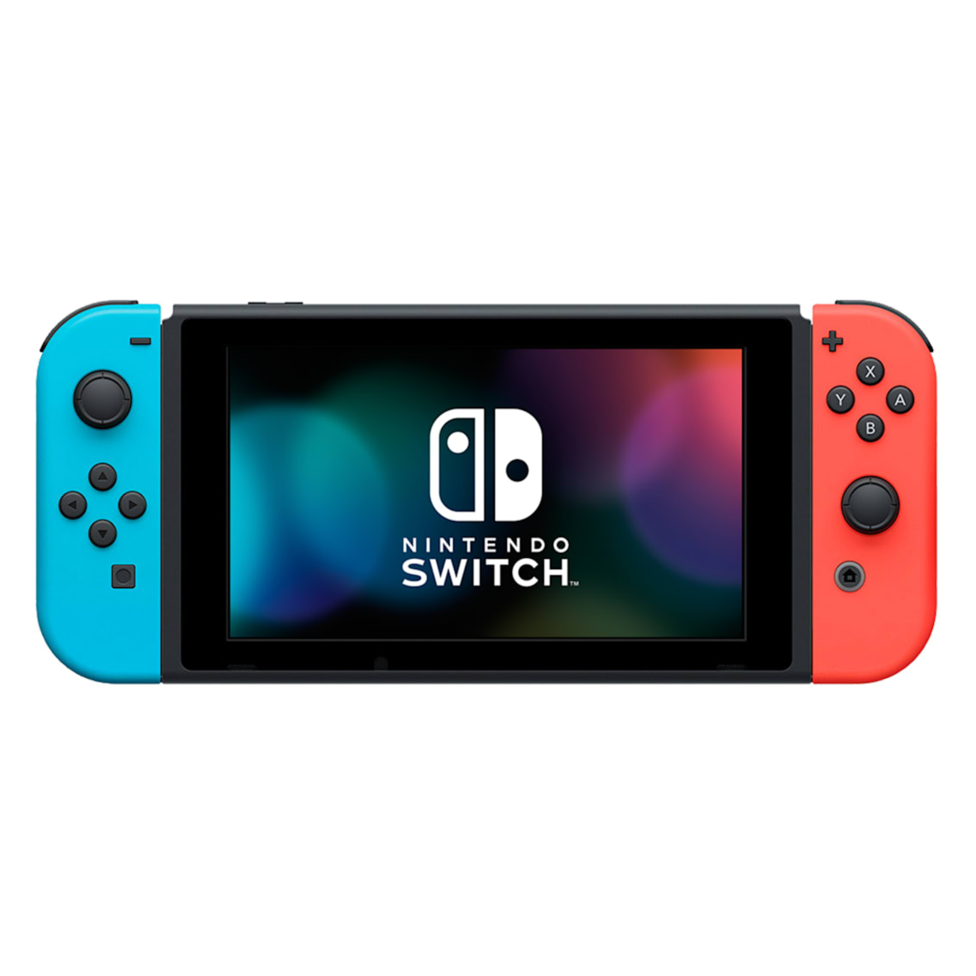 Nintendo Switch 32GB console in Neon Red and Blue shown unboxed with detachable Joy-Con controllers. Features 6.2-inch touchscreen, handheld, tabletop, and TV modes, expandable storage, and includes USB-C charger. Portable and versatile gaming system.