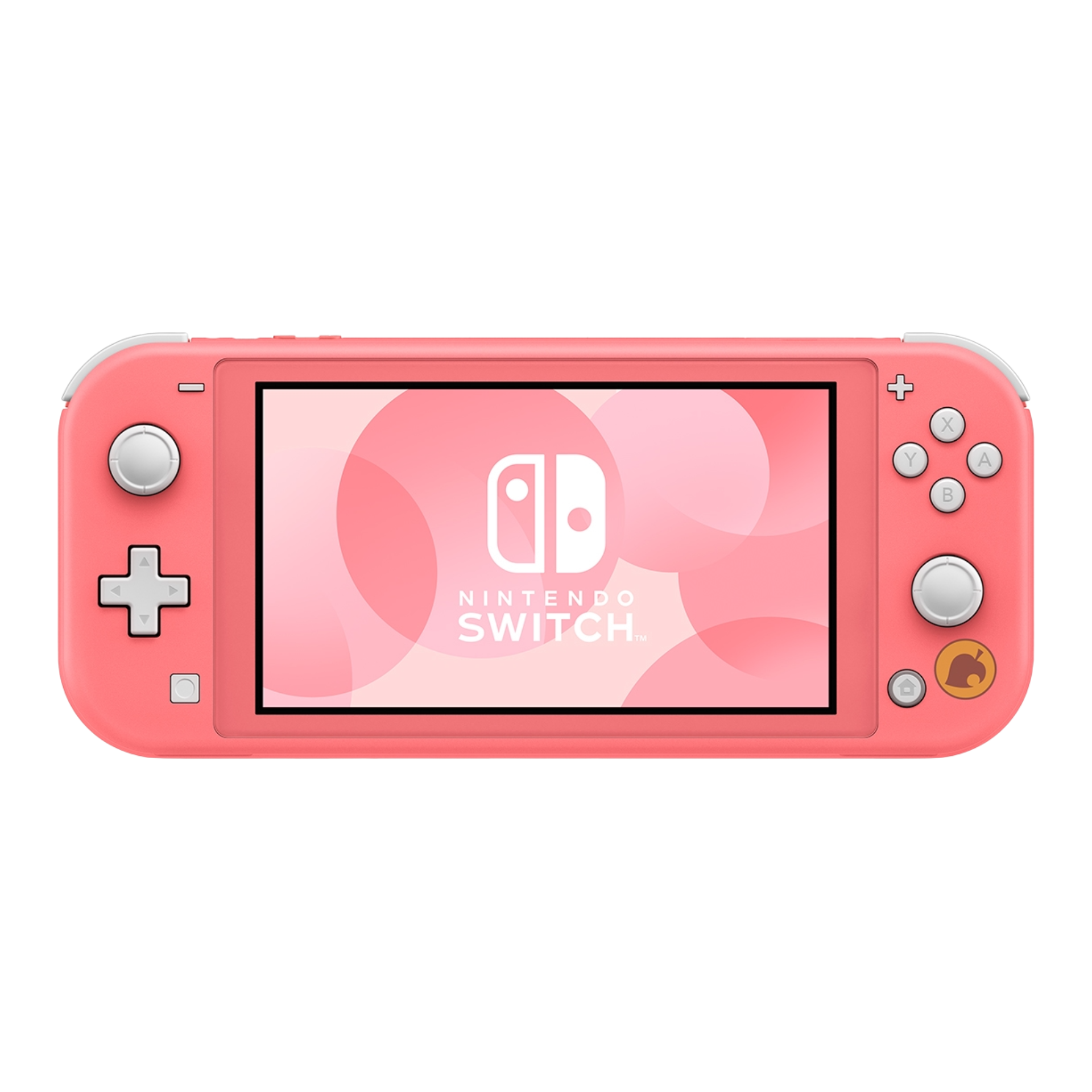Nintendo Switch Lite Animal Crossing Edition in Coral shown front view. Handheld portable console with customized design, smooth gameplay, used condition, and includes USB-C charger. Perfect for on-the-go Animal Crossing gaming.