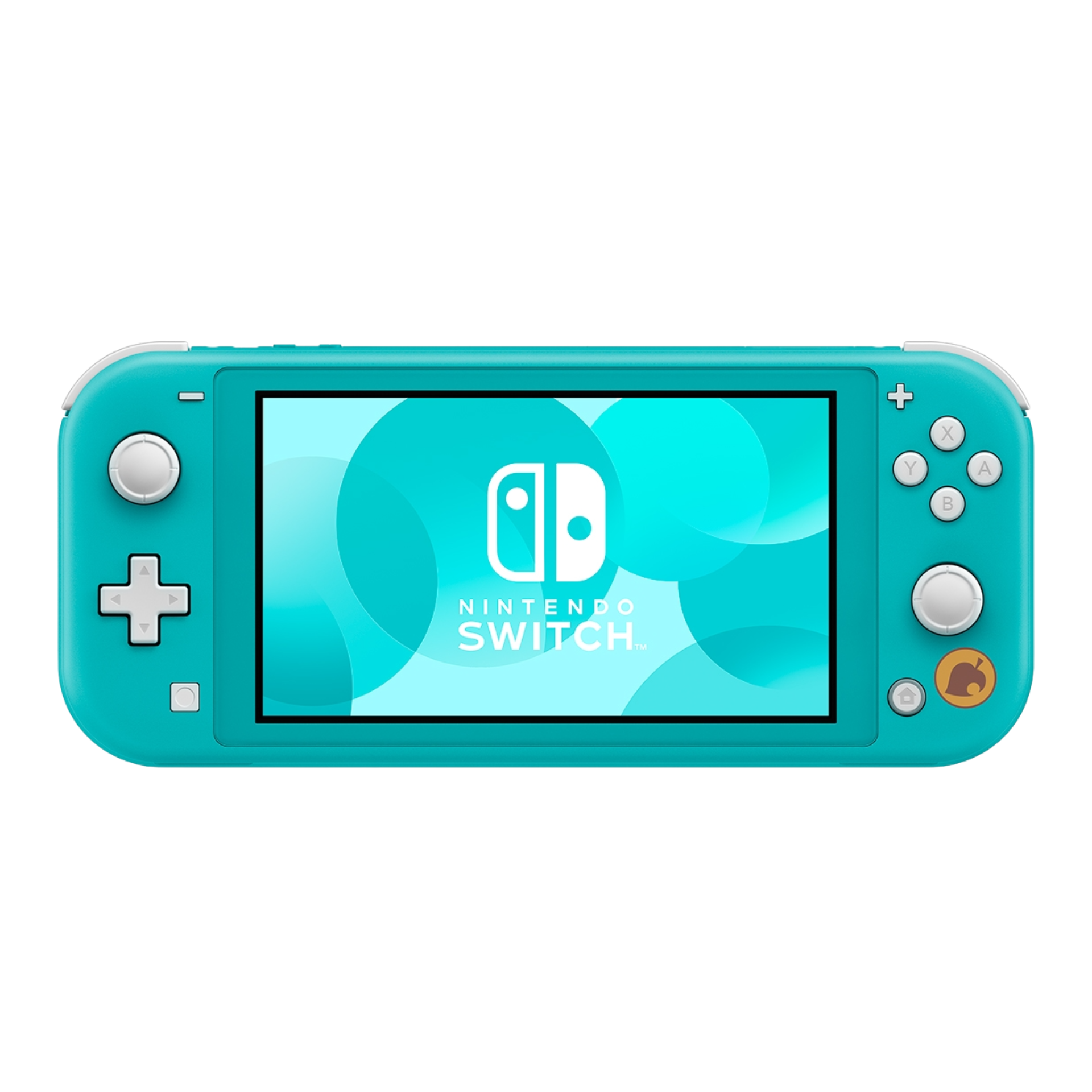 Nintendo Switch Lite Animal Crossing Edition in Turquoise shown with coral-colored controller. Portable handheld console with ergonomic design, used condition, and includes USB-C charger. Ideal for gaming on the go.