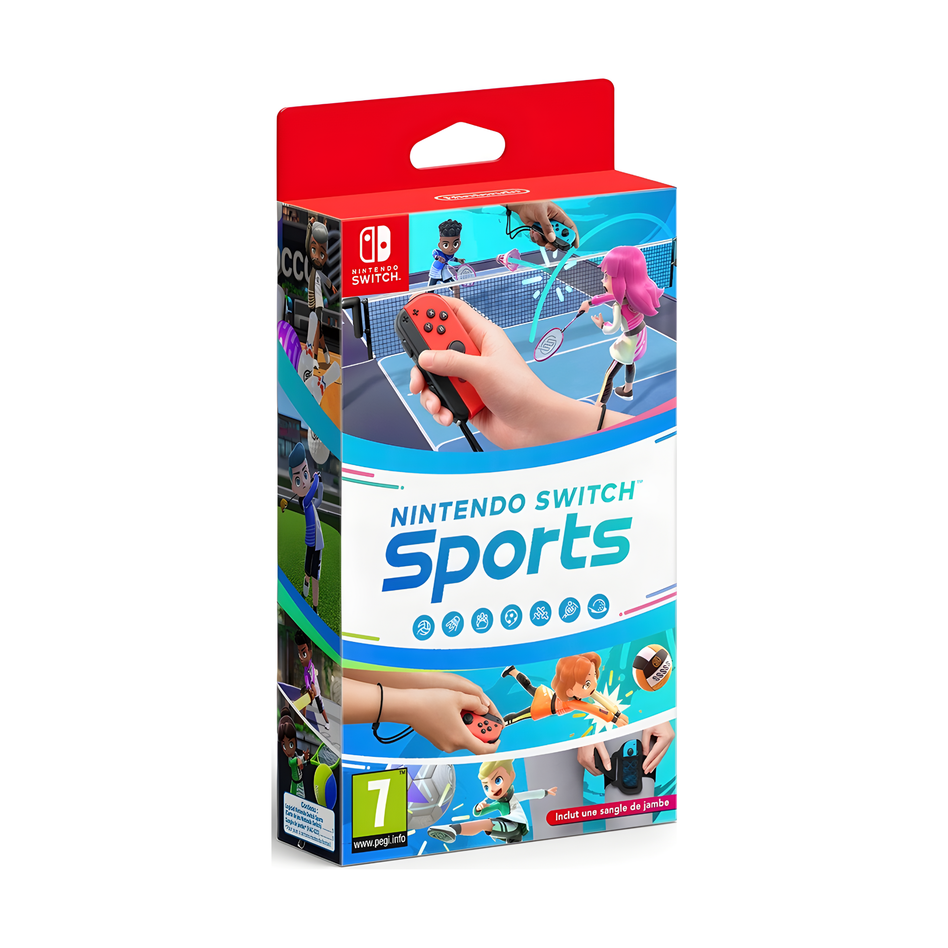 Cover art of Nintendo Switch Sports showing players performing various sports like Tennis, Bowling, Football, and Volleyball using Joy-Con controllers in a vibrant and active setting.