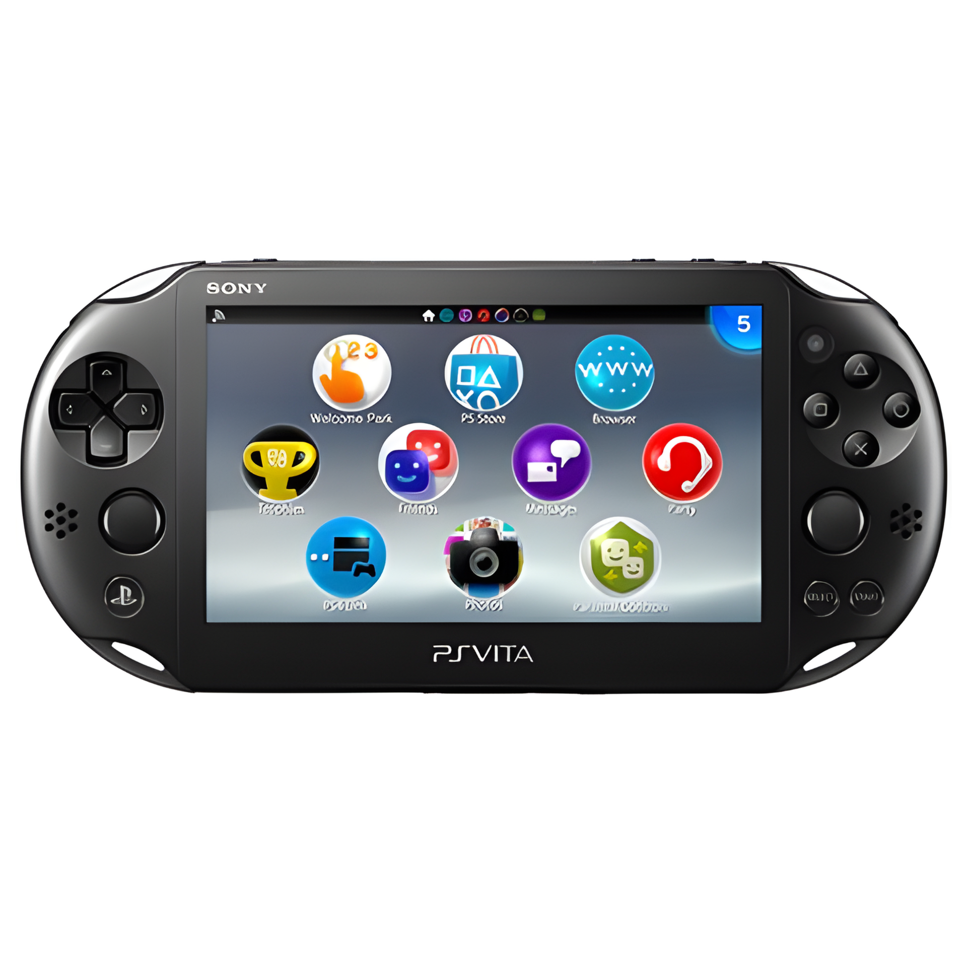 Image of Sony PS Vita Slim handheld console showing its sleek black design, 5-inch LCD screen, and control buttons, perfect for portable gaming and PlayStation fans.