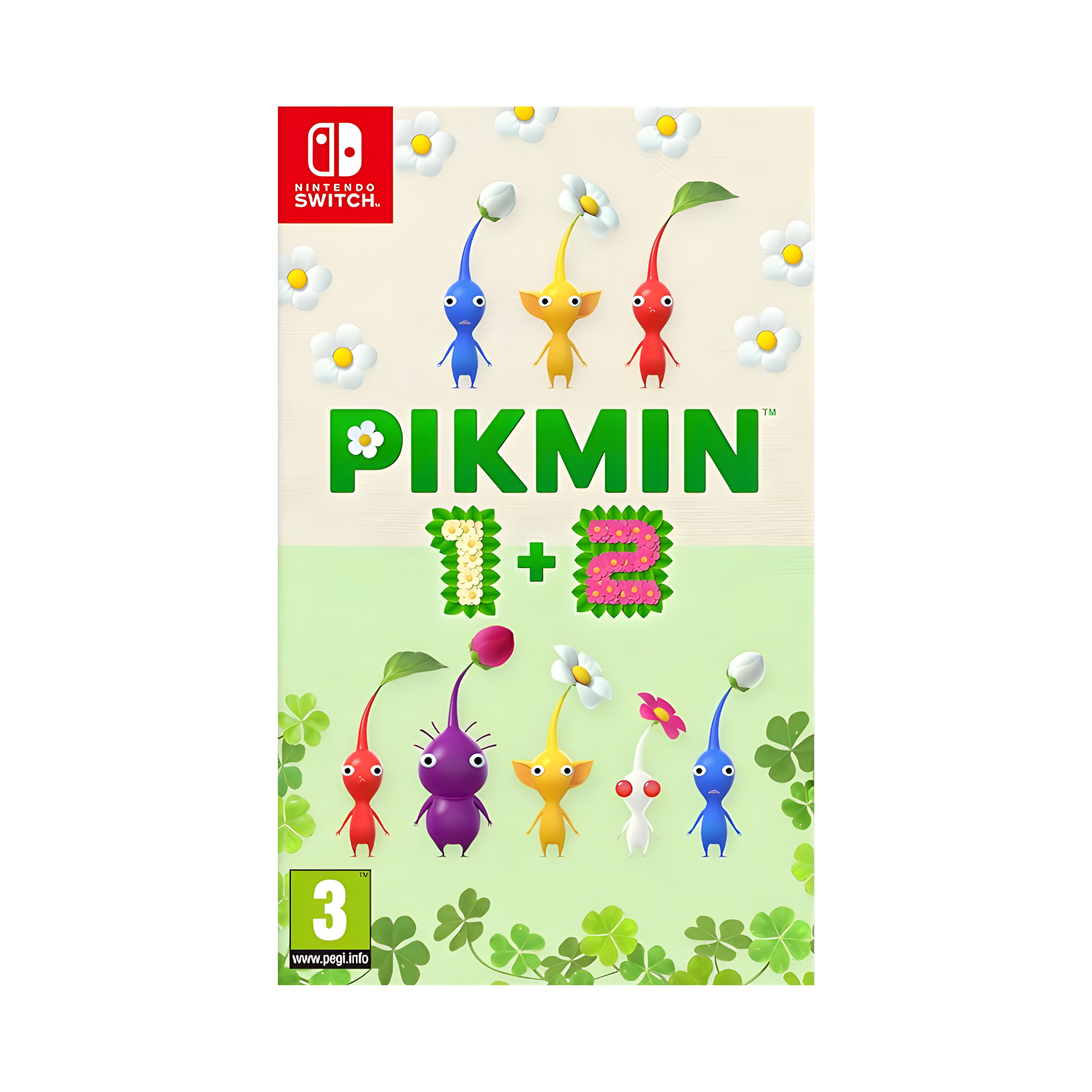 Cover art for Pikmin 1 + 2 showing Captain Olimar surrounded by colorful Pikmin in lush natural environments, highlighting the remastered visuals and dual adventure experience on Nintendo Switch.