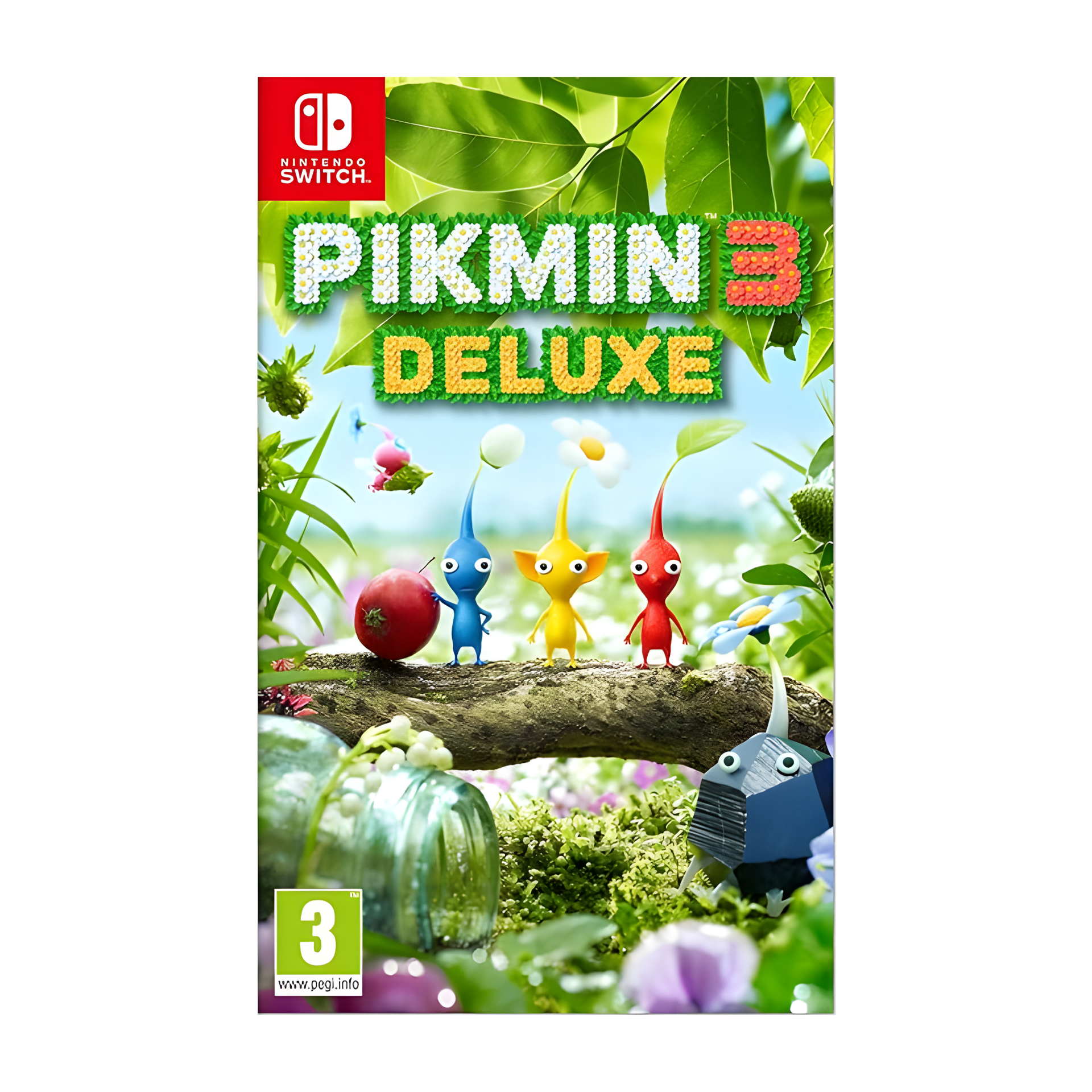 Cover art of Pikmin 3 Deluxe showing colorful Pikmin characters standing on a forest branch with lush greenery, flowers, and fruit in the background.