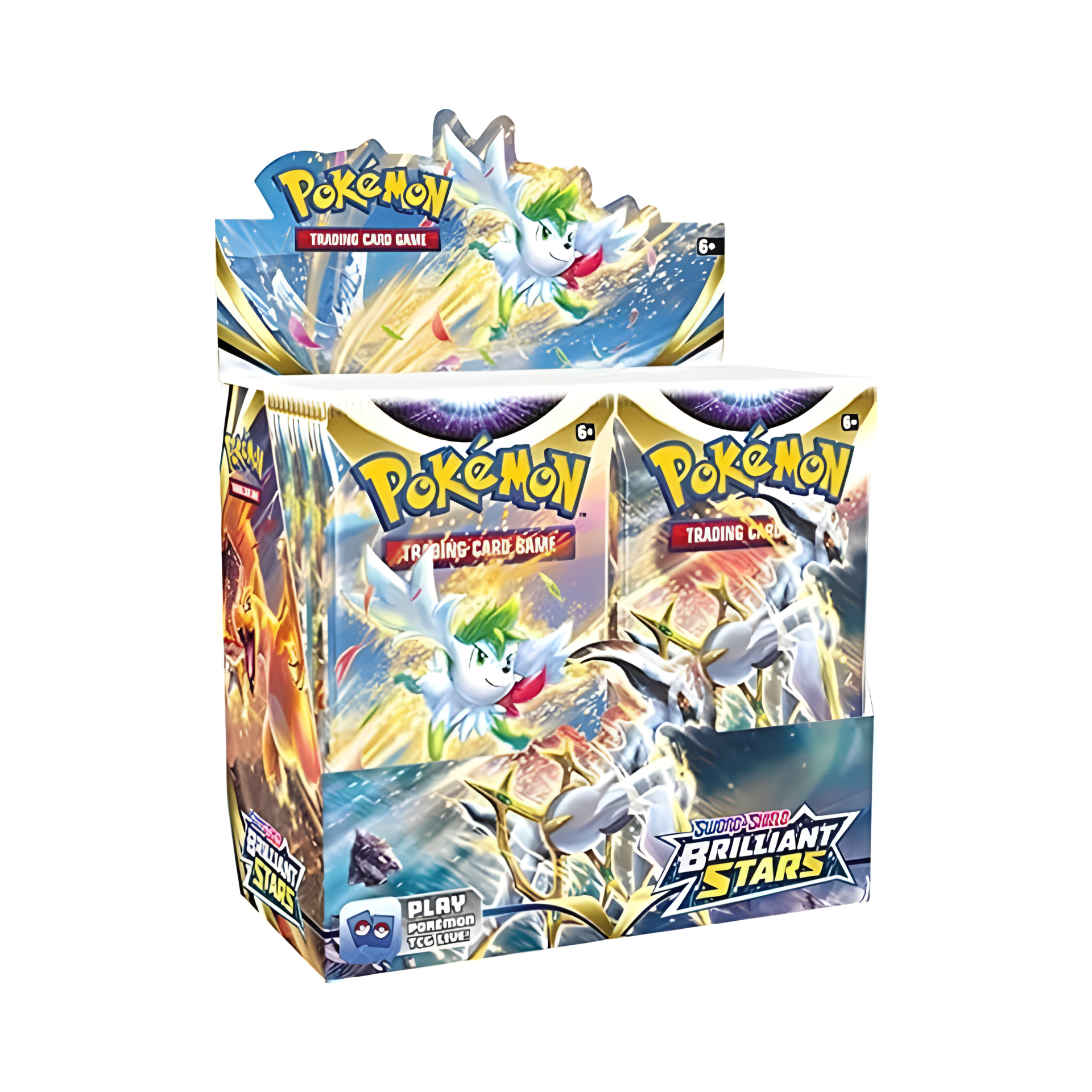 Pokémon Brilliant Stars Booster Box featuring Charizard and Arceus artwork with a glowing gold-and-white cosmic theme. The box is surrounded by booster packs radiating starburst energy, highlighting its premium collector design.
