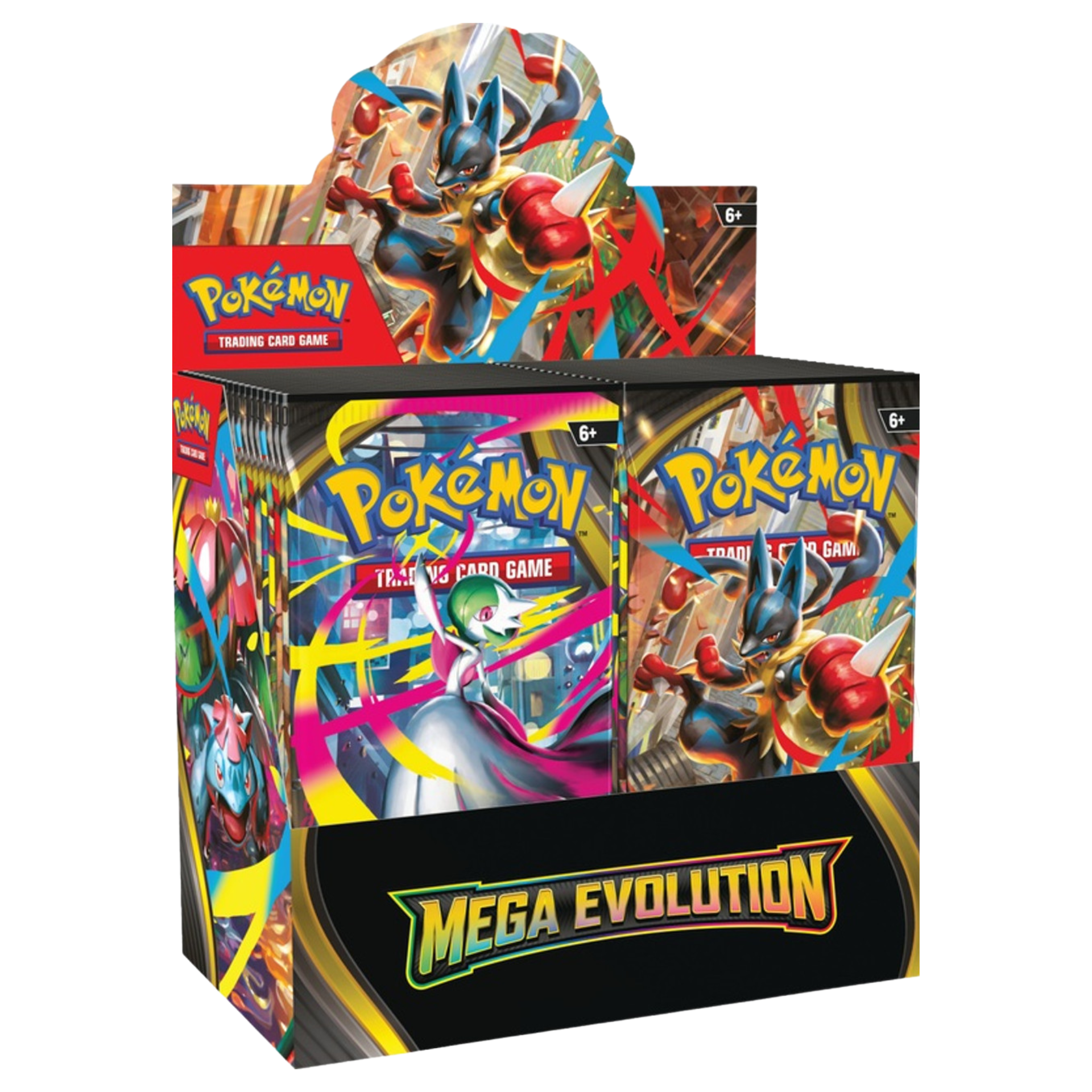 Pokémon Mega Evolutions Booster Box featuring artwork of Mega Lucario and Mega Gardevoir. Sealed packs arranged neatly inside the box with bright, detailed Pokémon graphics on a clean white background.