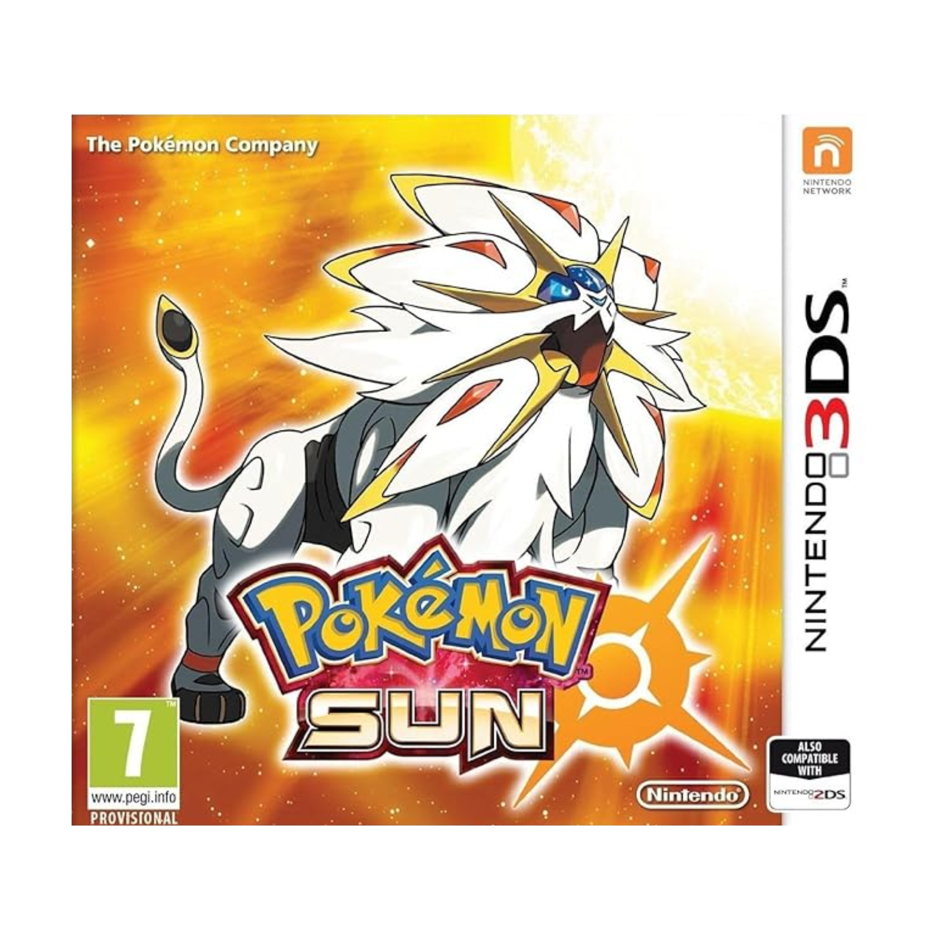Box art of Pokémon Sun for Nintendo 3DS featuring the legendary Pokémon Solgaleo with a bright solar background and Alola island design.