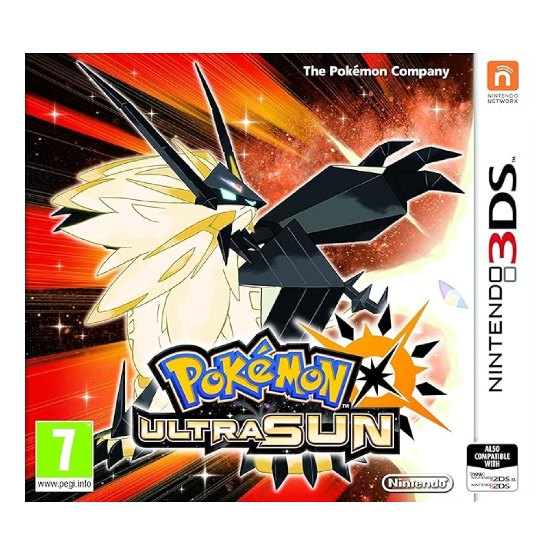 Box art of Pokémon Ultra Sun for Nintendo 3DS featuring the Legendary Pokémon Solgaleo on a bright golden and orange cosmic background.