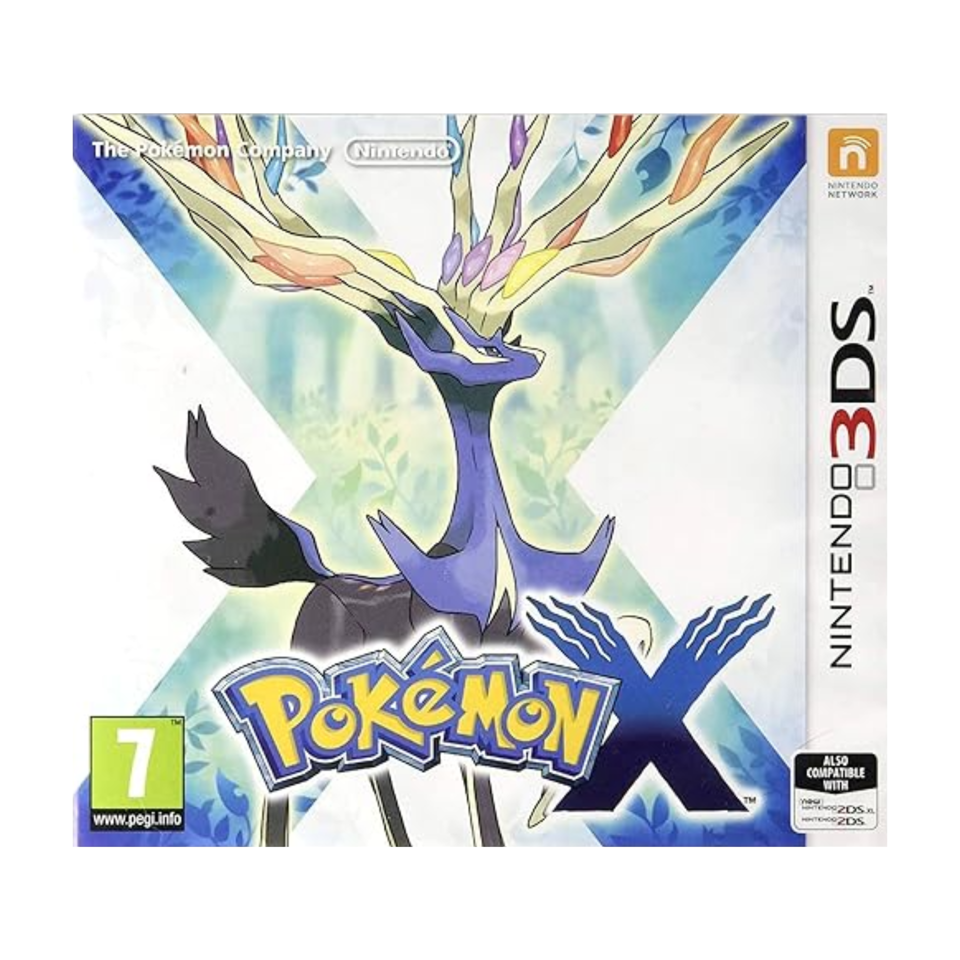 Box cover of Pokémon X for Nintendo 3DS showing vibrant 3D Pokémon, trainers, and the Kalos region landscape.