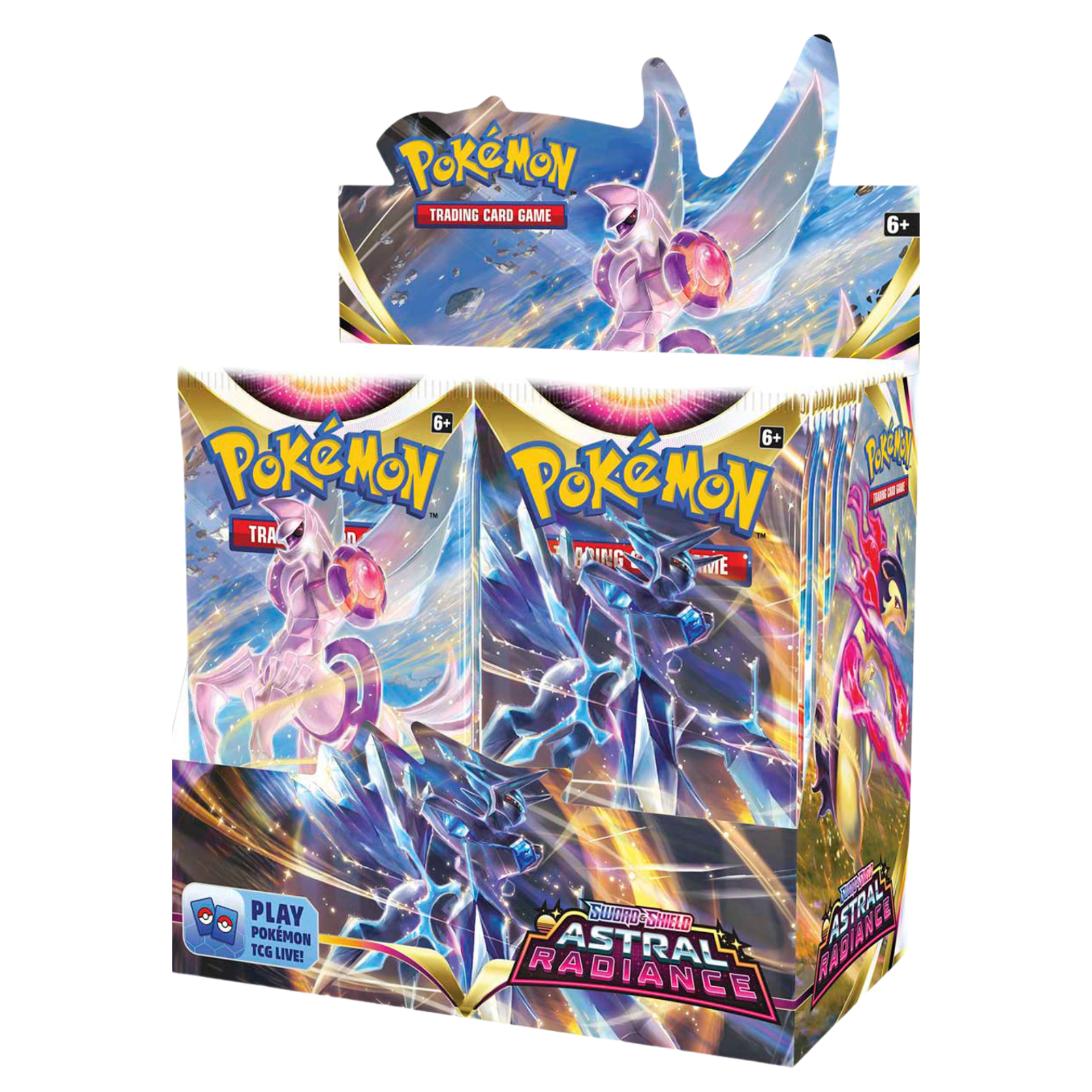 Explore the ancient Hisui region with the Pokémon TCG: Sword &amp; Shield – Astral Radiance Booster Box. Discover powerful Pokémon from a time of myths and legends as Origin Forme Dialga VSTAR and Origin Forme Palkia VSTAR bend time and space. Train with Hisuian Decidueye, Typhlosion, and Samurott, and experience the radiant return of Shiny Pokémon led by Radiant Greninja.