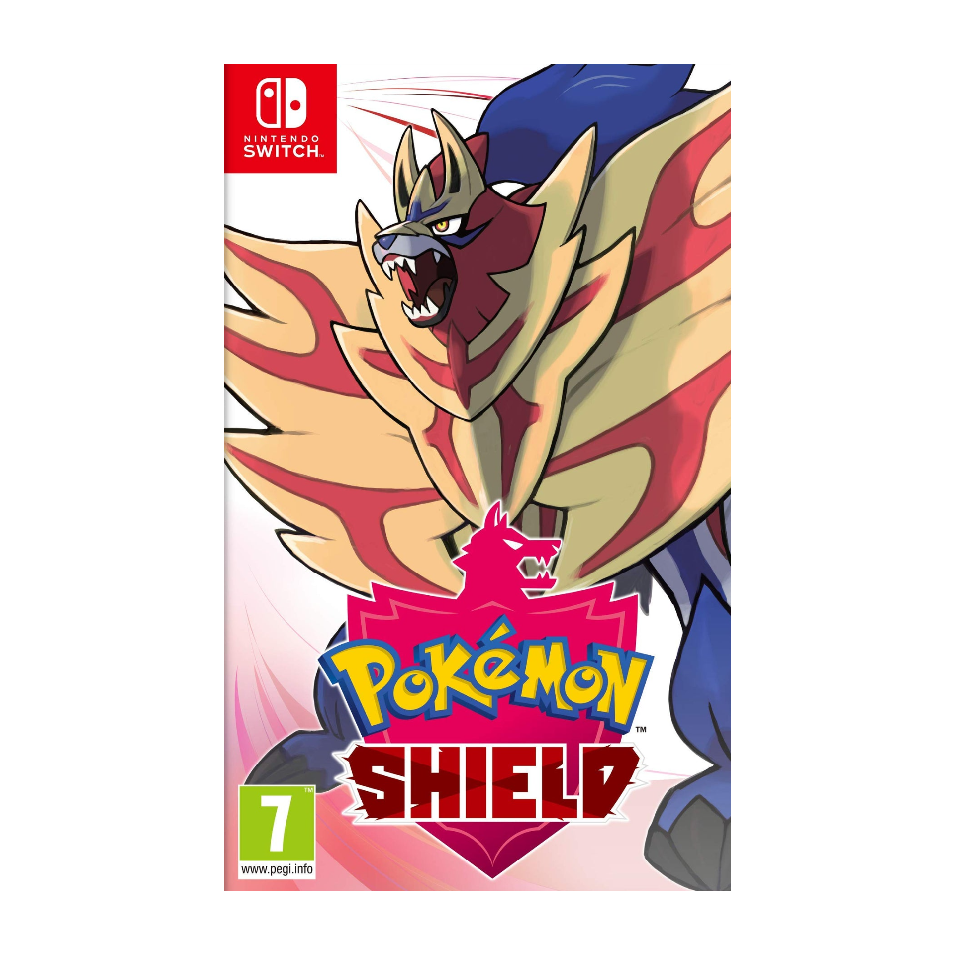 Image of Pokémon Shield Nintendo Switch game cover, featuring the Galar region’s Champion Pokémon and bold red shield artwork. 