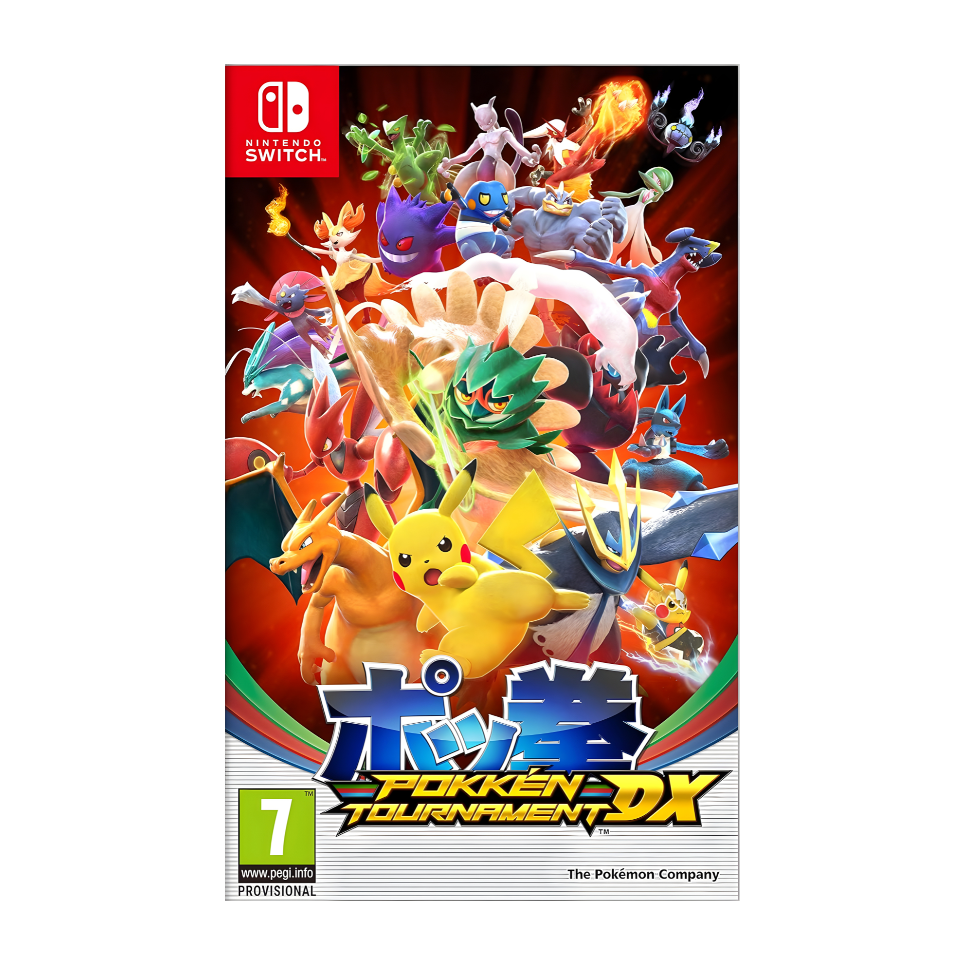 Cover art of Pokkén Tournament DX featuring Pokémon like Pikachu, Lucario, and Decidueye in action-packed battle poses with a vibrant arena background.