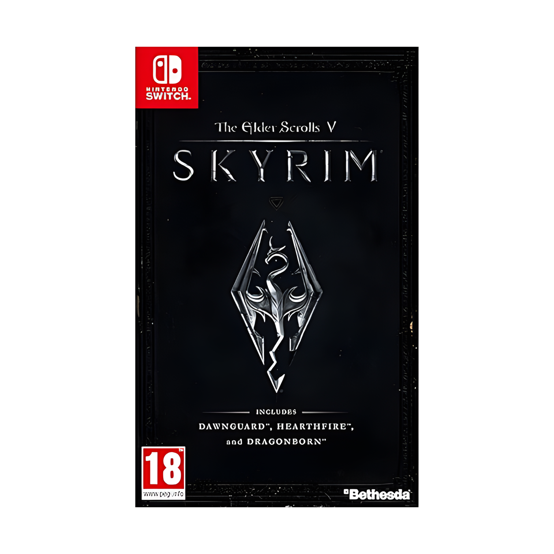 Image of The Elder Scrolls V: Skyrim Nintendo Switch game cover showing dragon emblem artwork and adventure fantasy design in HD.