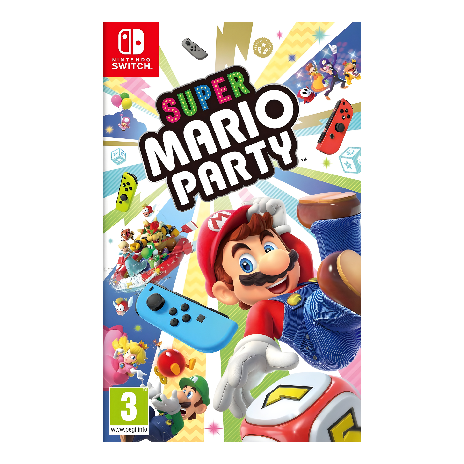 Cover art of Super Mario Party showing Mario, Peach, and friends celebrating on a colorful board filled with dice, stars, and Joy-Con controllers.