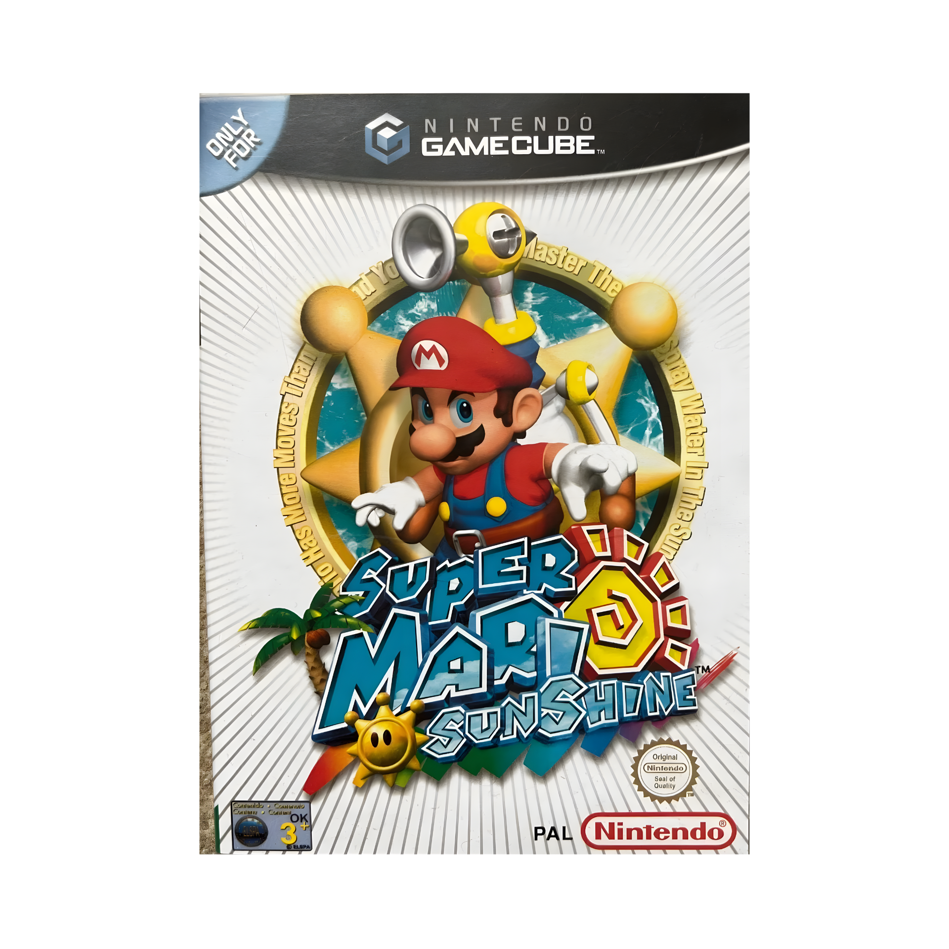 Cover art of Super Mario Sunshine featuring Mario with his F.L.U.D.D. water pack, standing on the sunny Isle Delfino surrounded by blue skies and tropical scenery.