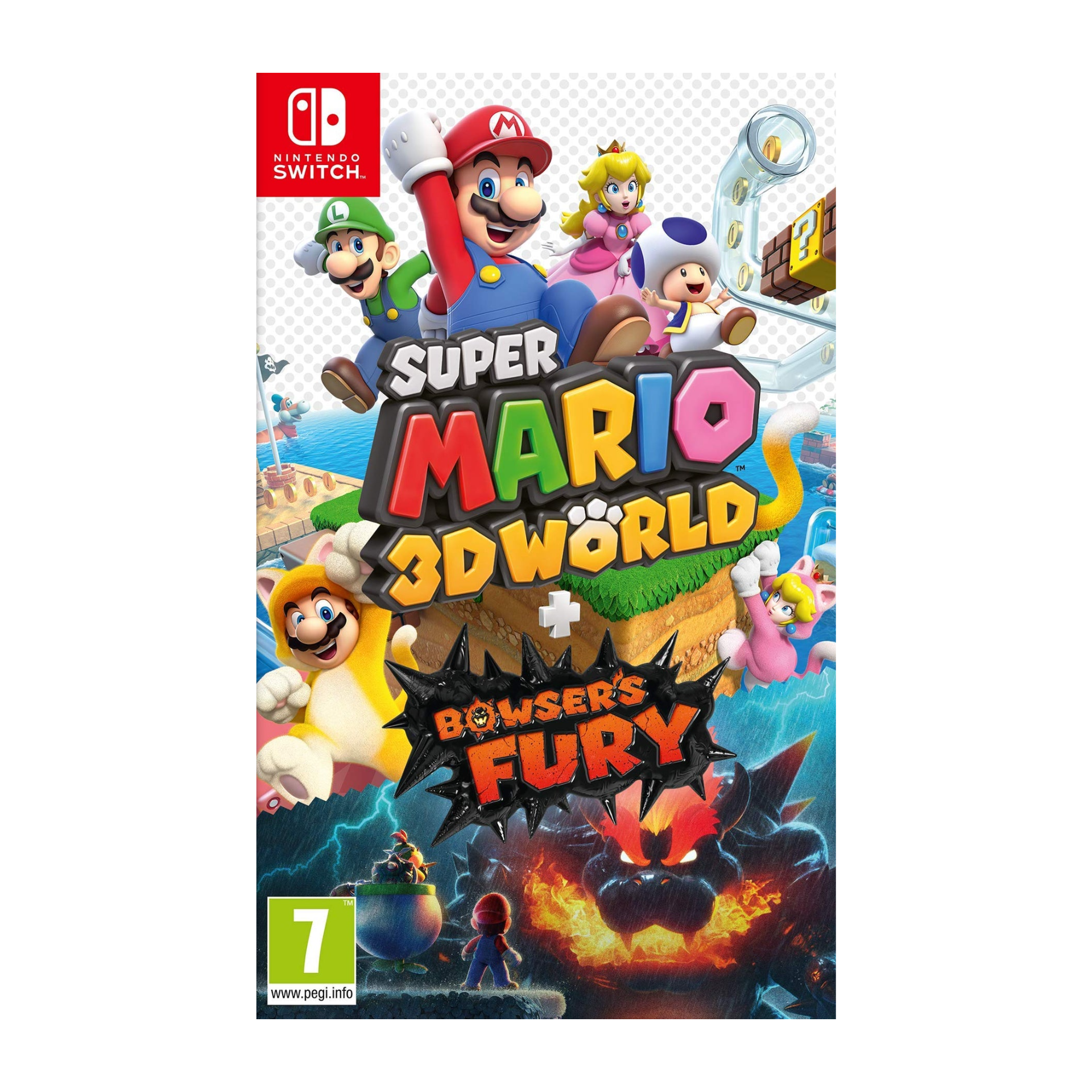 Super Mario 3D World + Bowser's Fury Nintendo Switch game cover shown. Platformer featuring Mario and friends in 3D worlds, epic boss battles, and action-packed challenges. Includes Bowsers Fury expansion for extra gameplay.