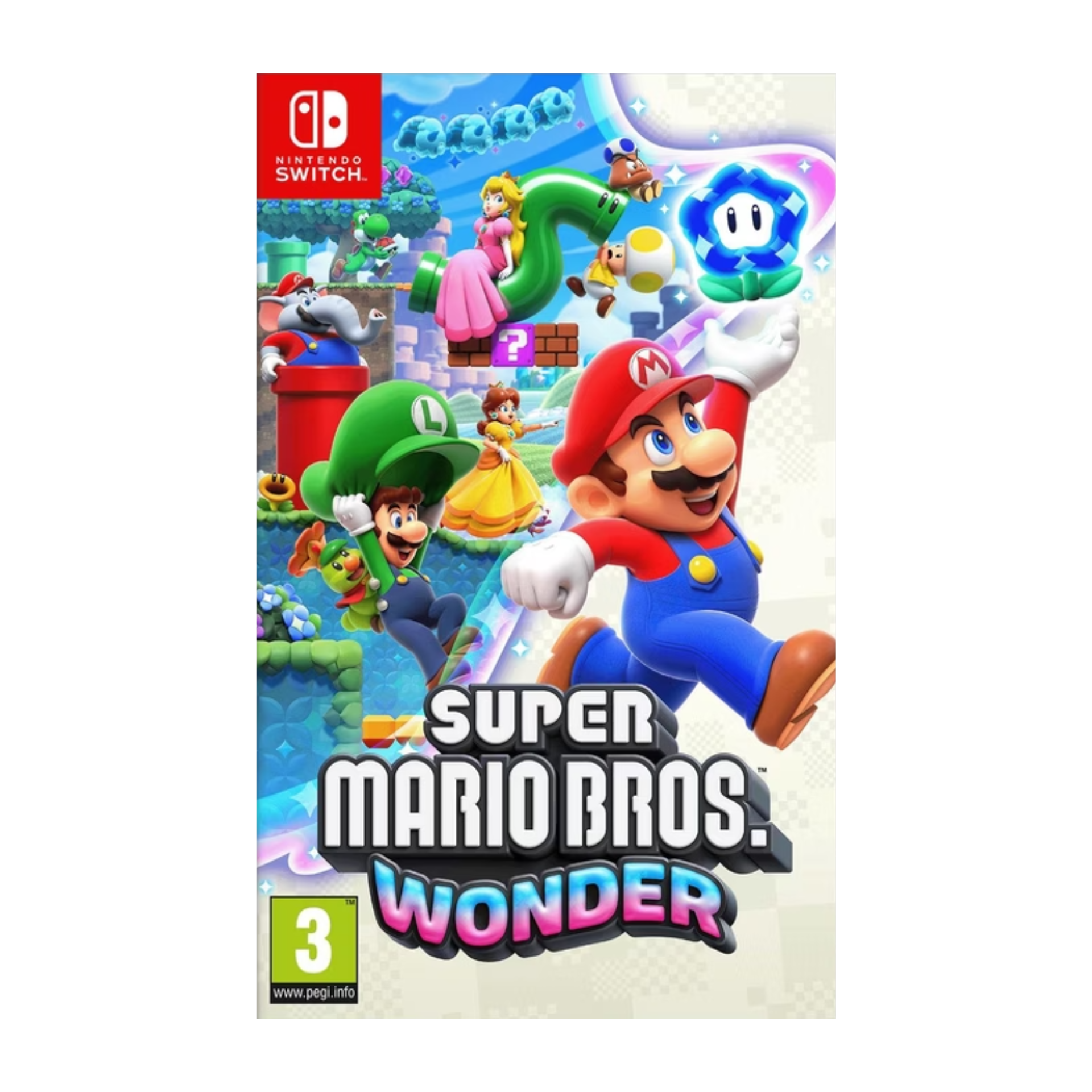 Super Mario Bros. Wonder Nintendo Switch game cover shown. Side-scrolling platformer featuring innovative levels, vibrant worlds, diverse power-ups, and multiplayer cooperative gameplay. Engaging experience for fans and platforming experts.