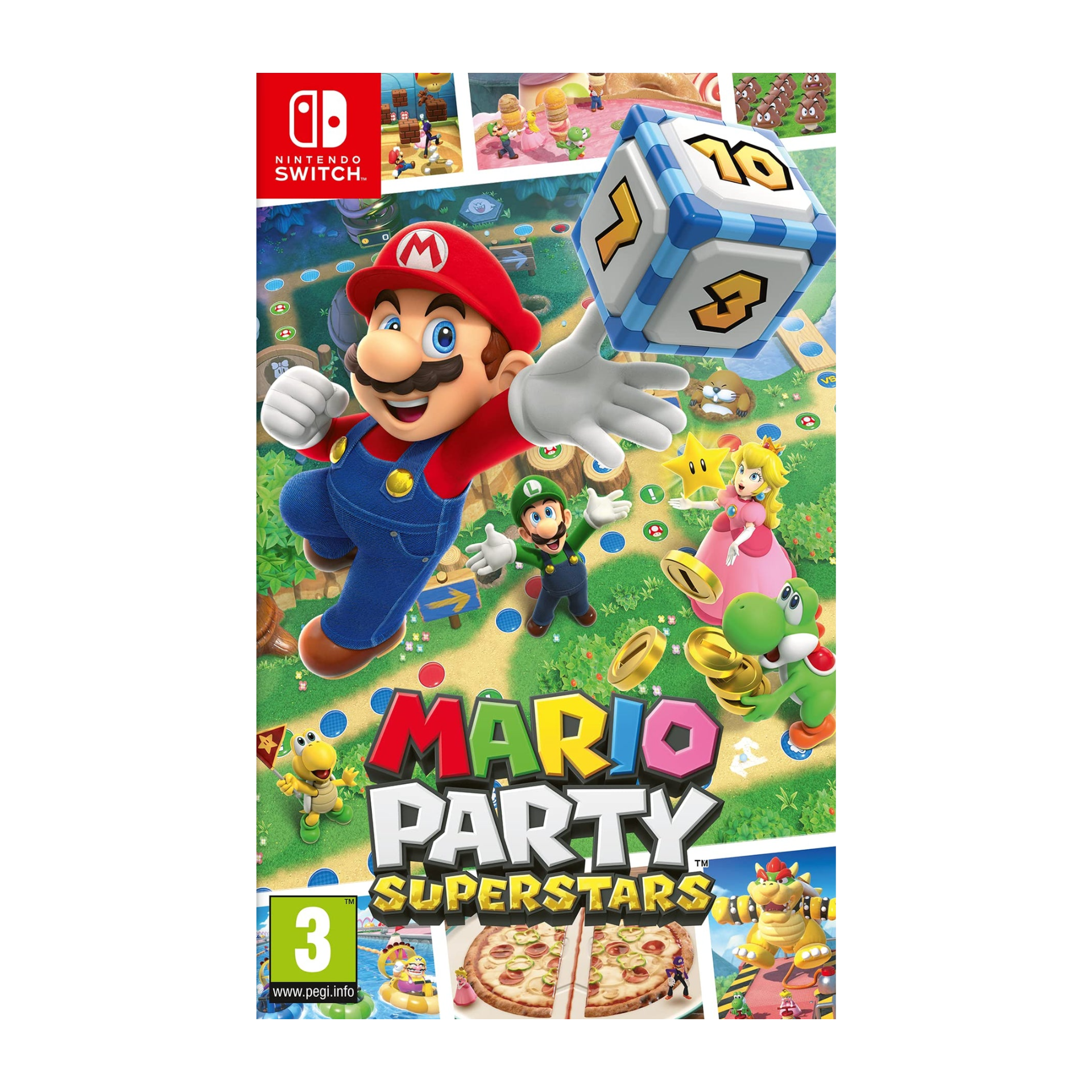 Super Mario Party Superstars Nintendo Switch game cover shown. Party game featuring classic Mario boards, mini-games, multiplayer modes, and strategic gameplay. Engaging and nostalgic experience for casual and competitive players.