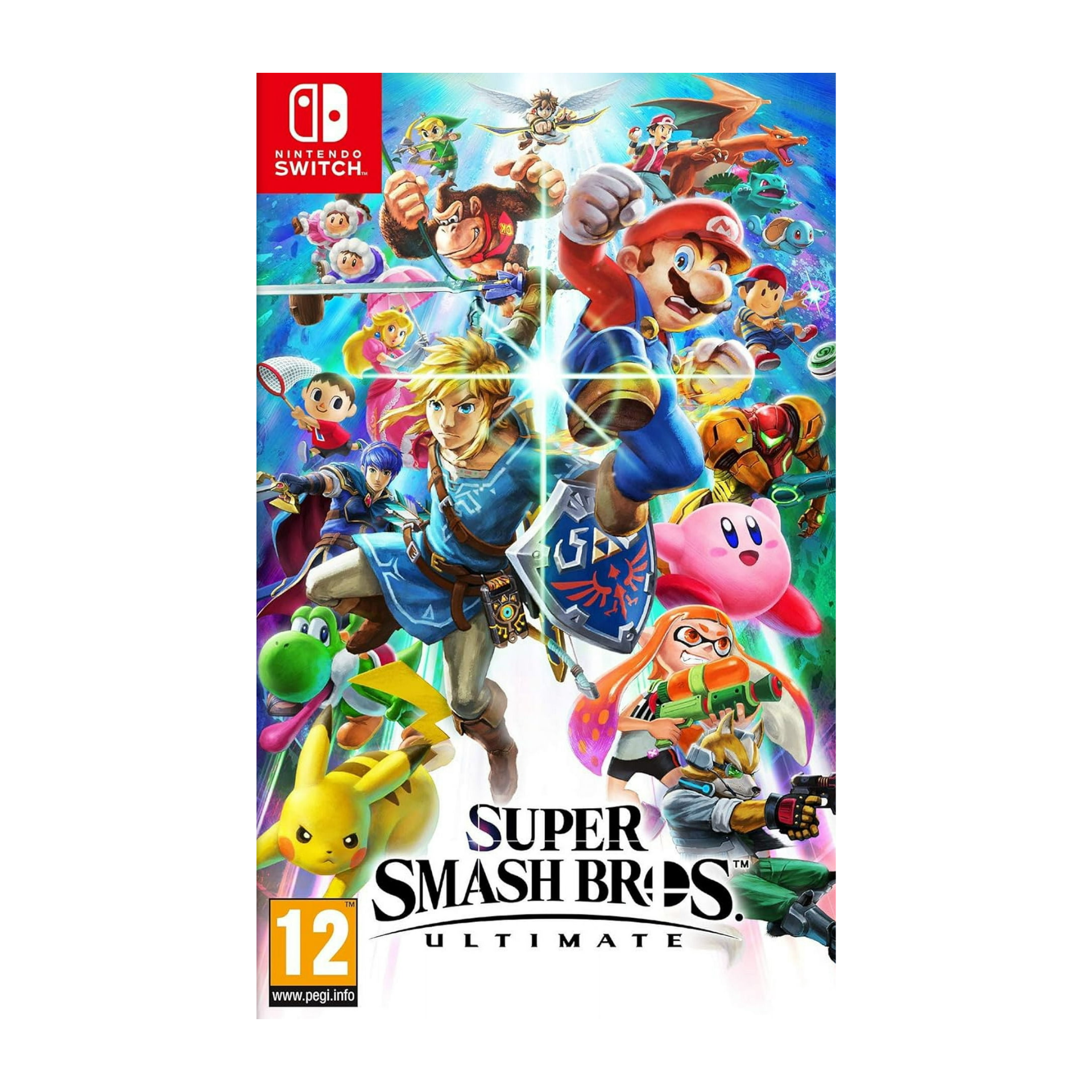 Super Smash Bros Ultimate Nintendo Switch game cover shown. Fighting game featuring the largest roster of characters, multiple stages, and diverse game modes. Smooth gameplay and crisp graphics for competitive and casual players.