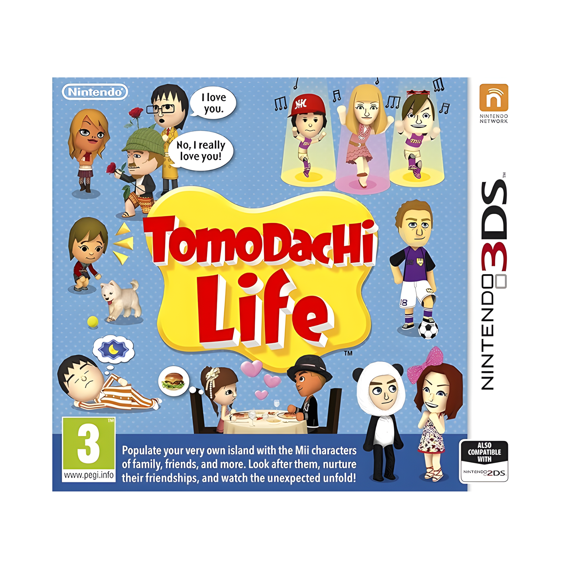 Cover art of Tomodachi Life for Nintendo 3DS featuring colorful Mii characters interacting on a vibrant island backdrop.