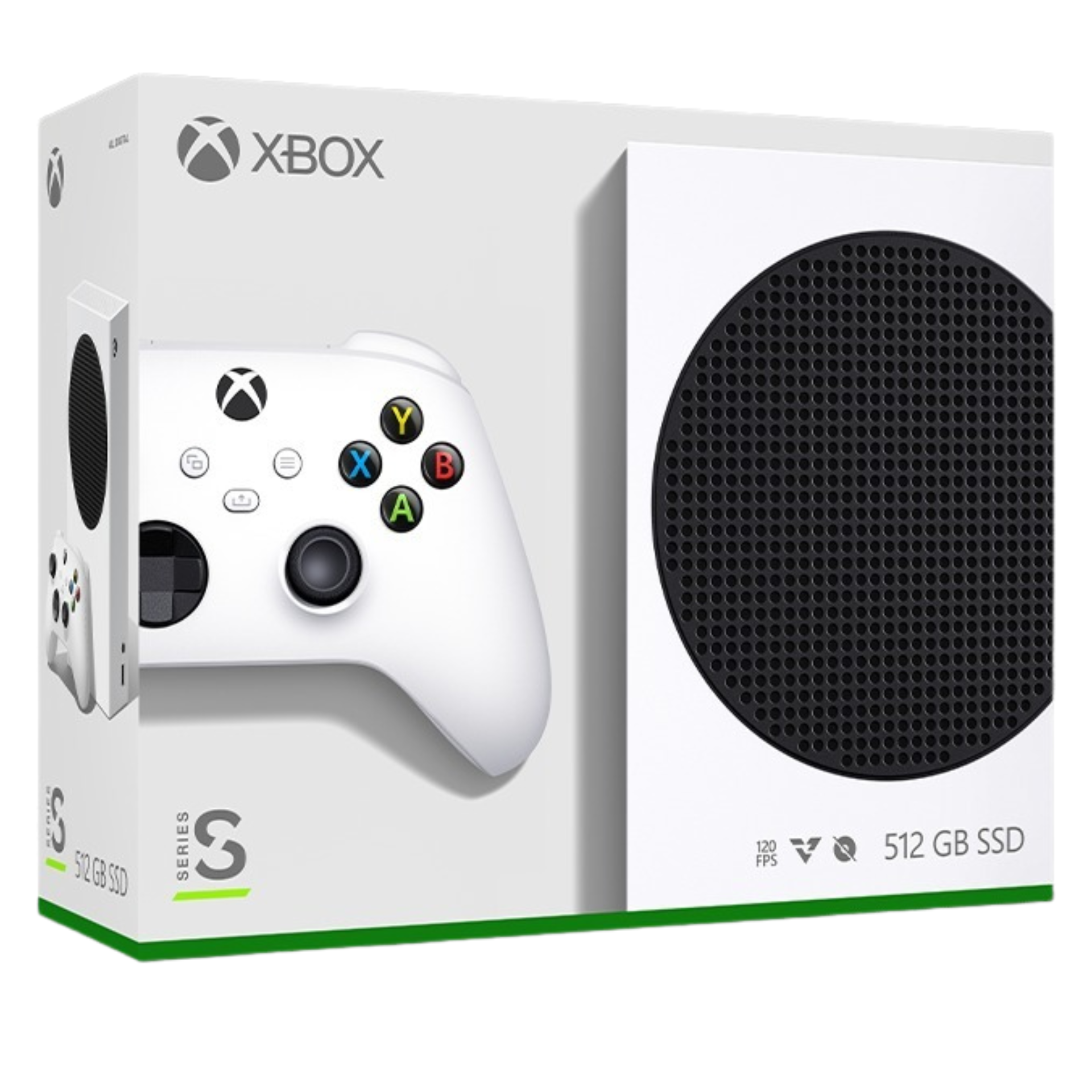 Xbox Series S 512GB boxed console with controller and packaging shown. Compact white next-gen gaming system featuring 512GB SSD, 1440p resolution, and ray tracing support. Ideal for modern gamers seeking fast performance and sleek design.