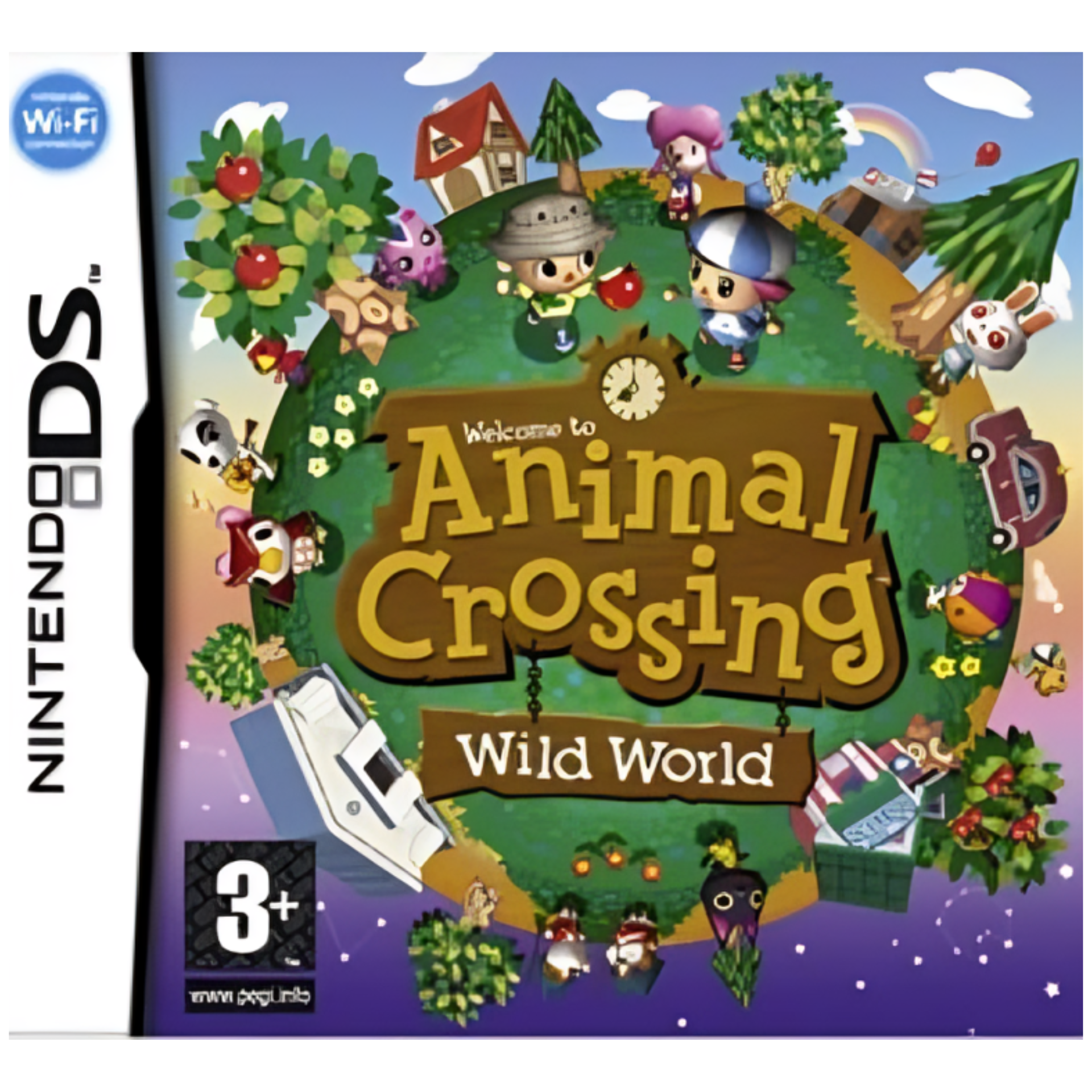 Animal Crossing: Wild World Nintendo DS game cover showing villagers, houses, and trees in a colorful outdoor setting.