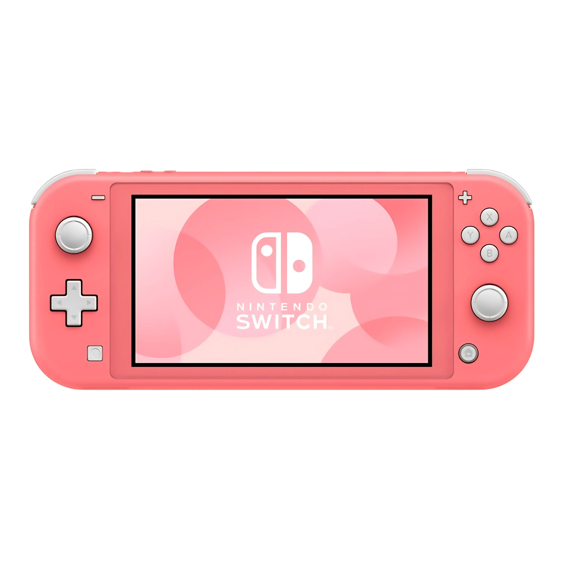Nintendo Switch Lite handheld console in Coral shown front view. Features compact design, built-in controls, vibrant finish, used condition, and includes USB-C charger. Ideal for portable handheld gaming on the go.