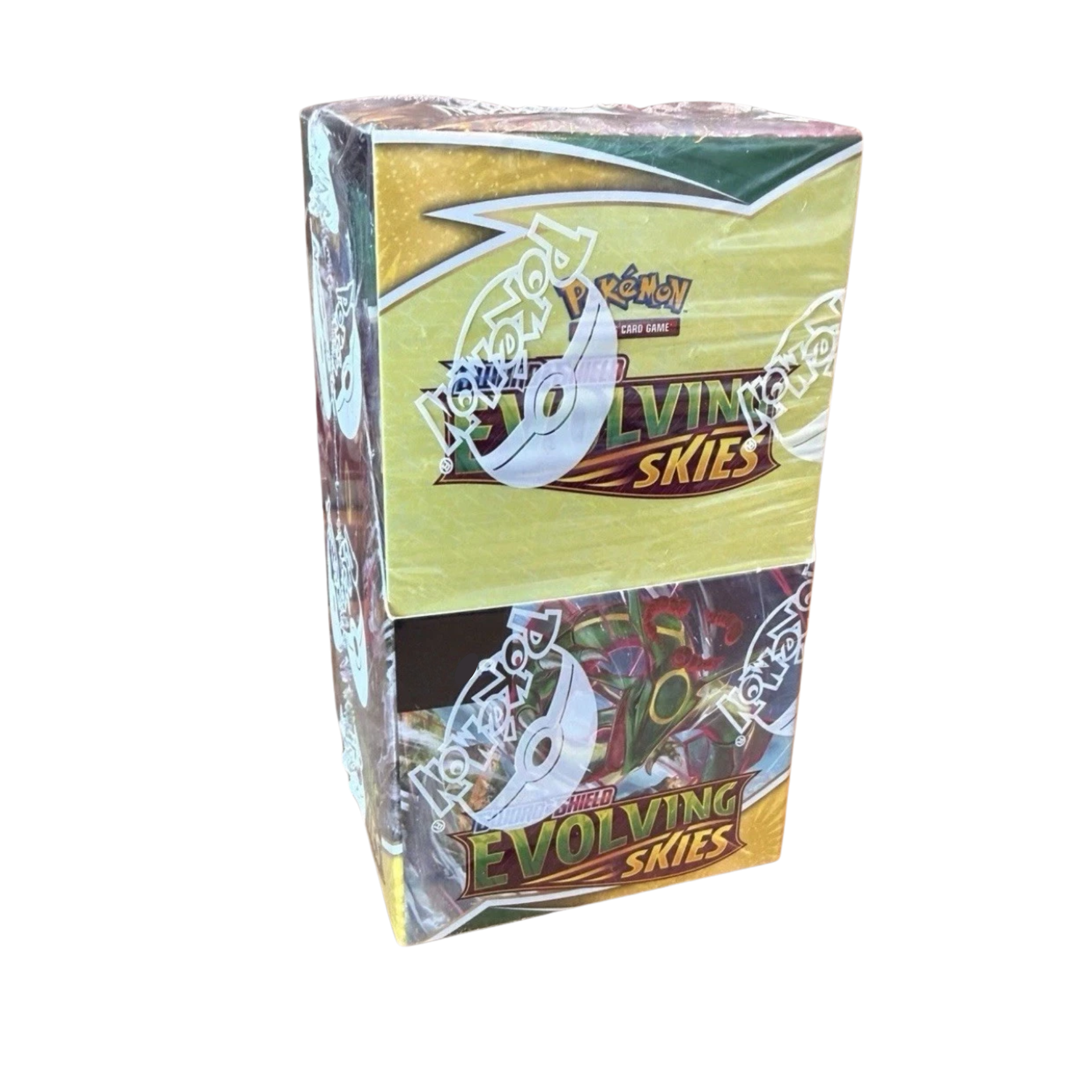 Pokémon Evolving Skies Half Booster Box (UK Slim) showing 18 sealed booster packs with colorful artwork of Rayquaza and Eevee evolutions from the Sword & Shield series. Bright and detailed packaging design.