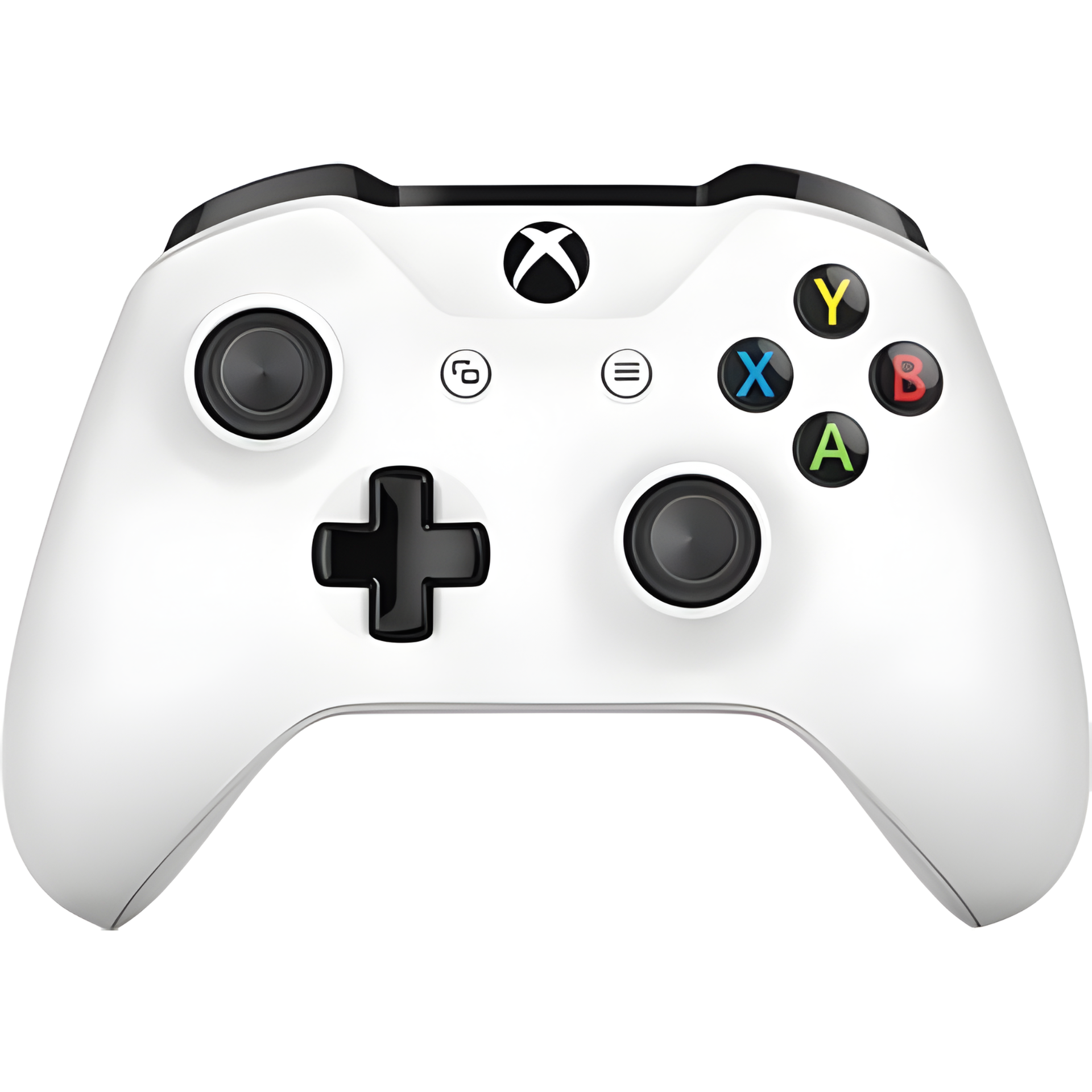 Microsoft Xbox One Wireless Controller in white with textured grips, ergonomic design, and Bluetooth connectivity for Xbox and PC gaming, offering up to 12m wireless range.